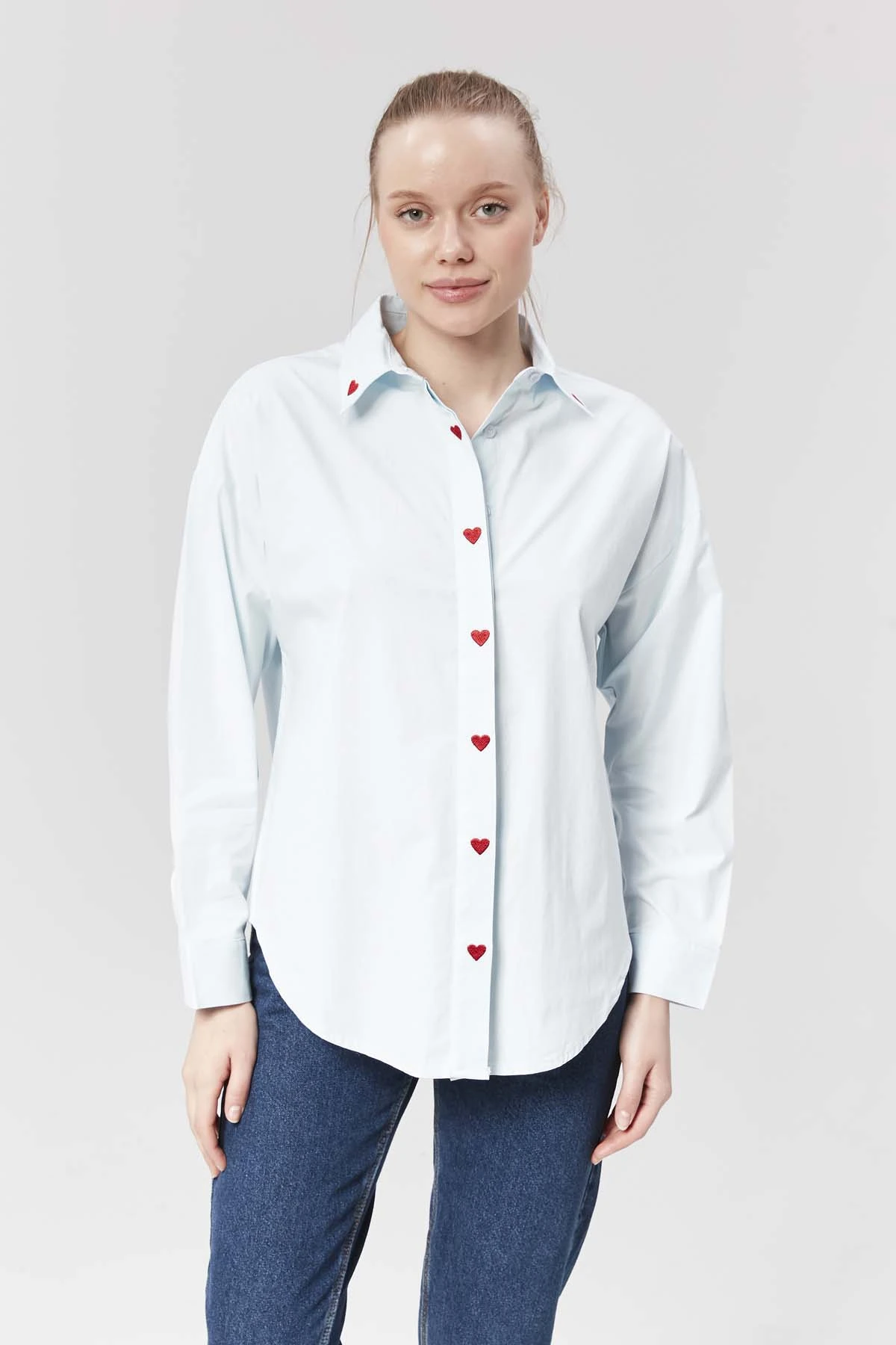 Kalp Nakışlı Poplin Gömlek