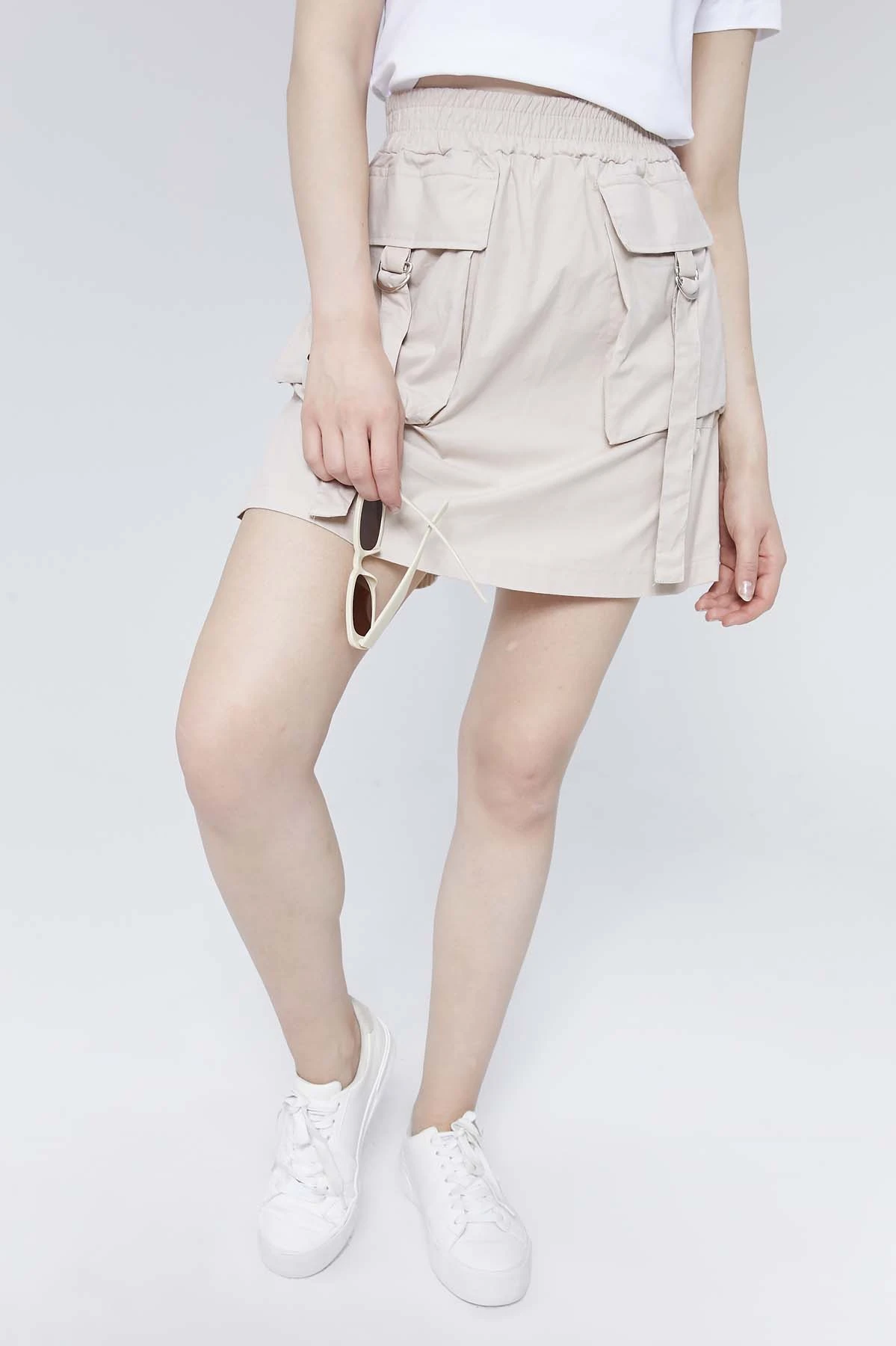 Beli Lastikli Cepli Poplin Kısa Etek