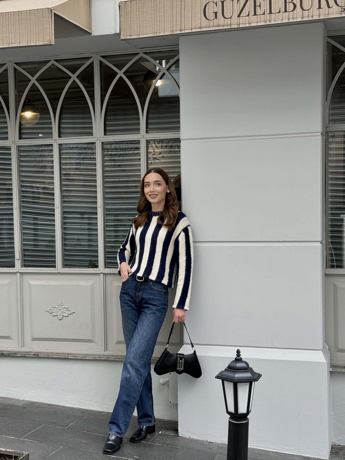 Angora Boyuna Çizgili Crop Kazak