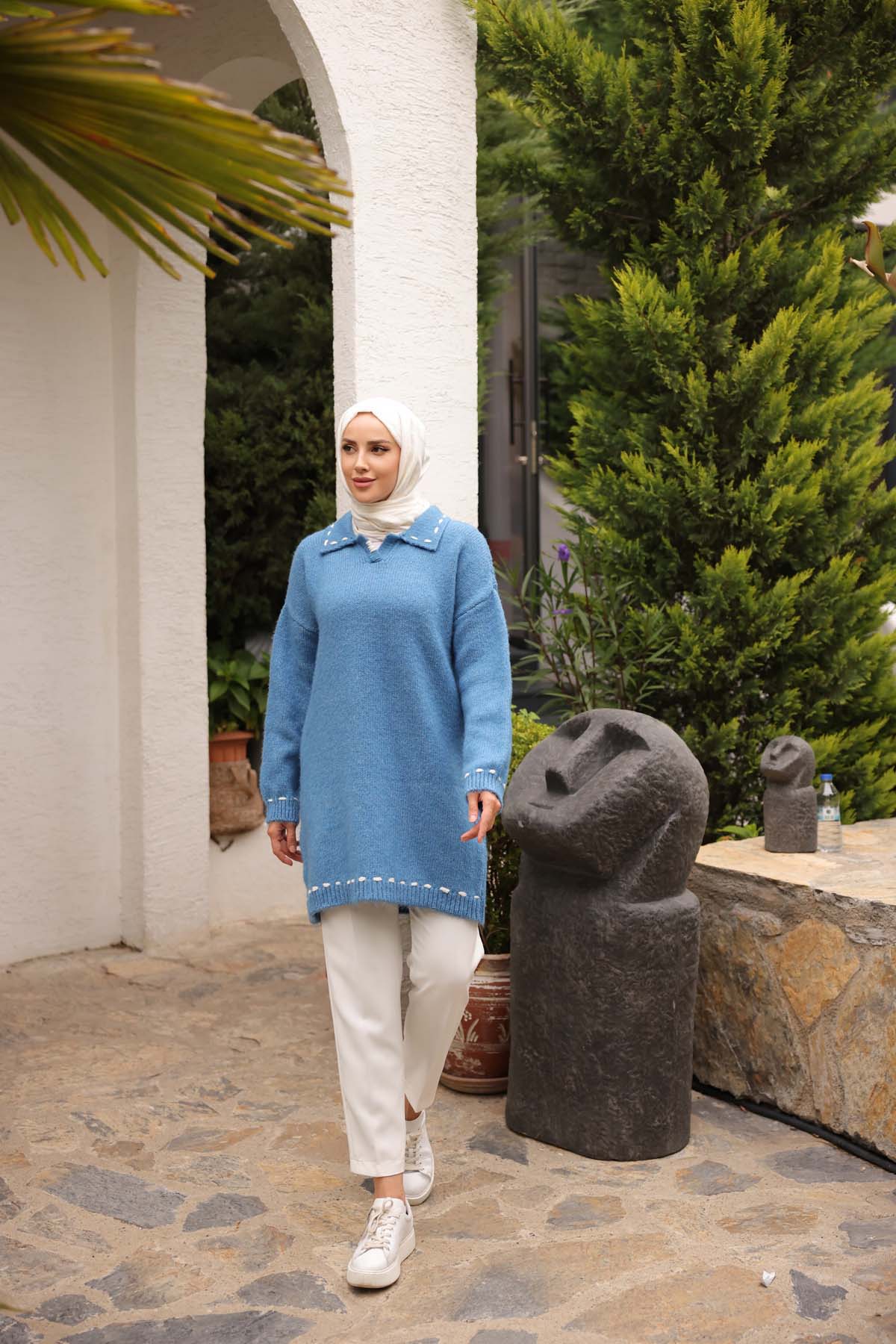 Şardonlu ELişili Gömlek Yaka Tunik