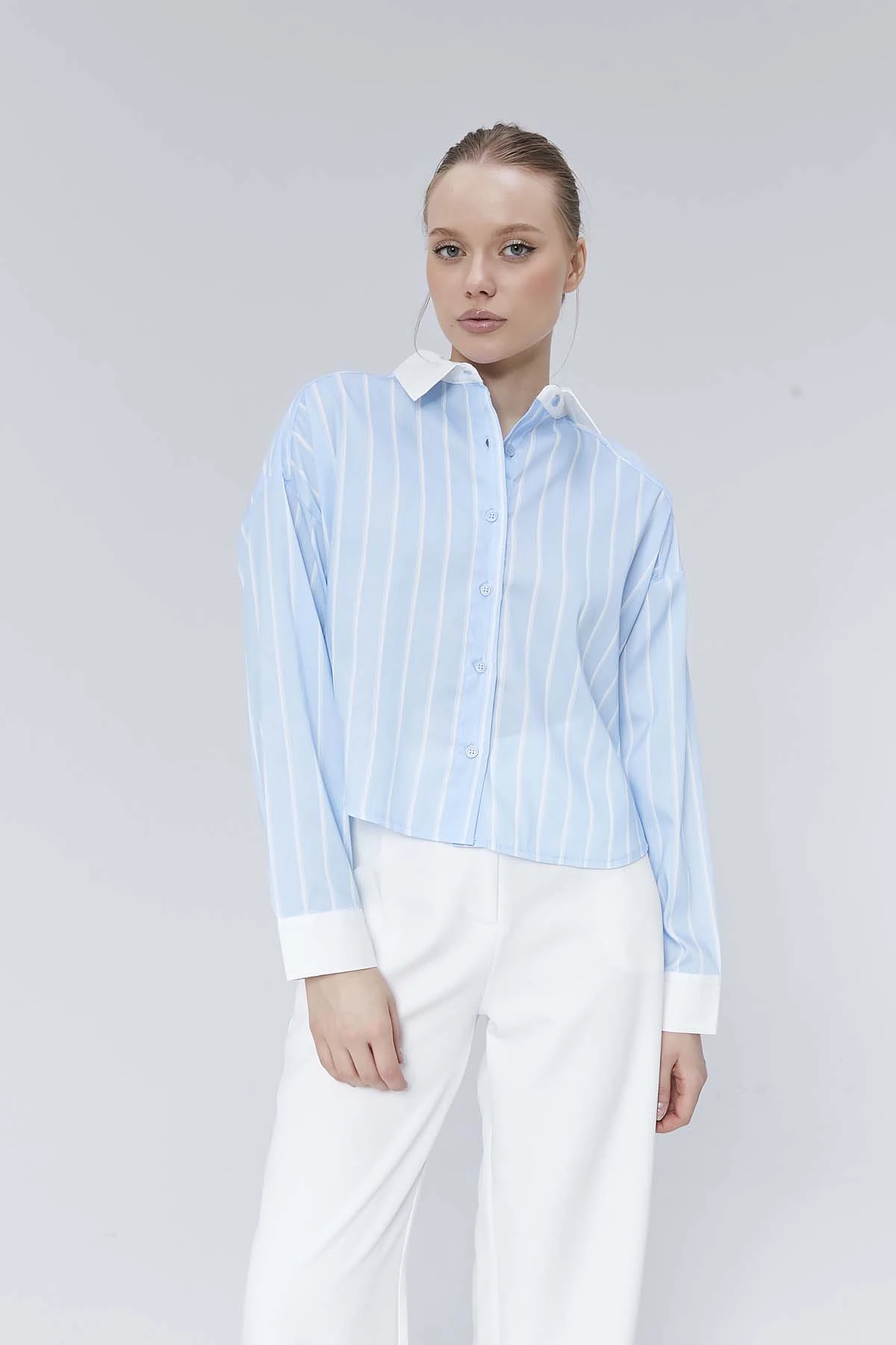 Yakası Düz  Uzun  Kollu  Çizgili  Gömlek