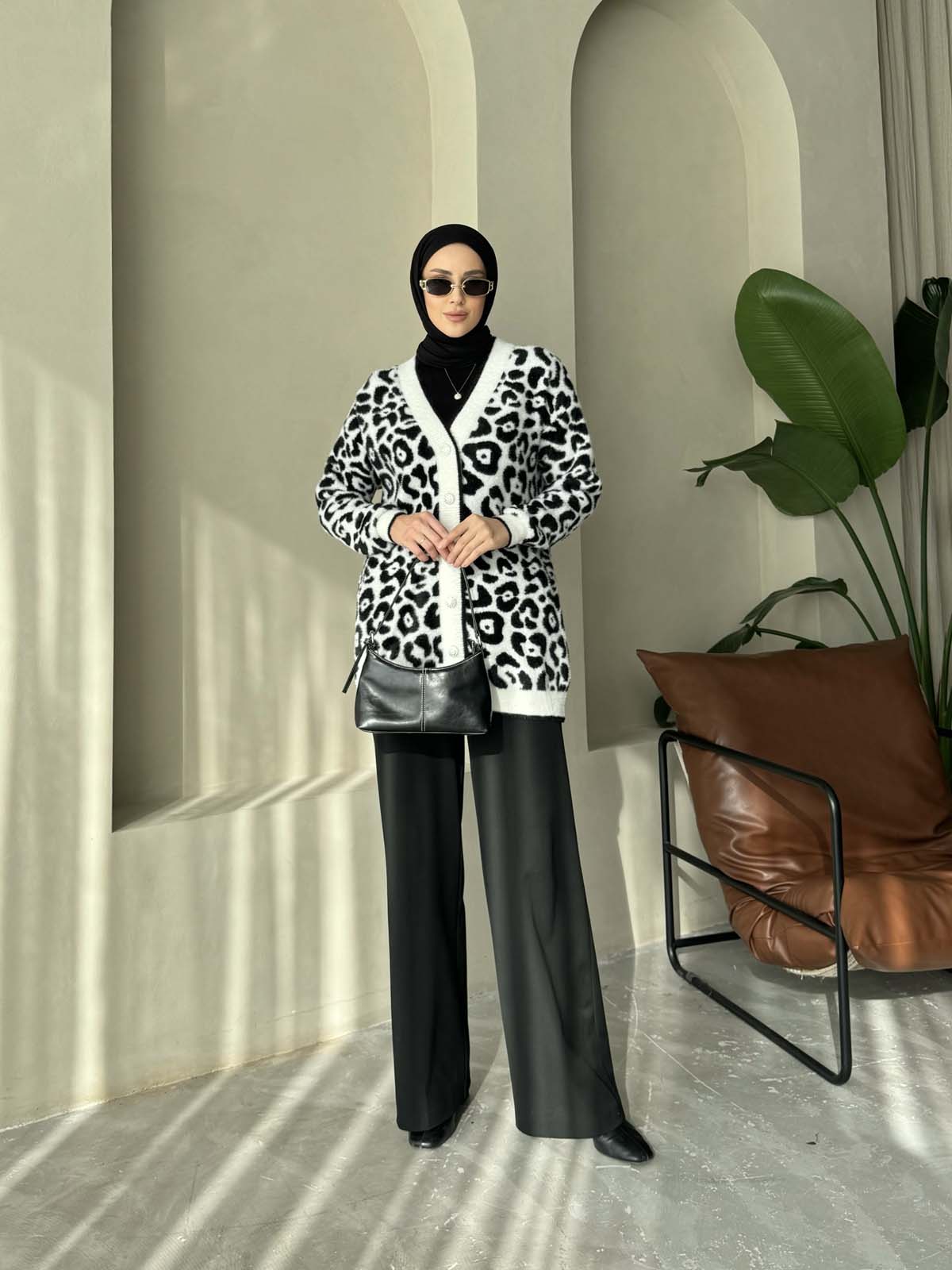 Angora Leopar Desenli Uzun Hırka