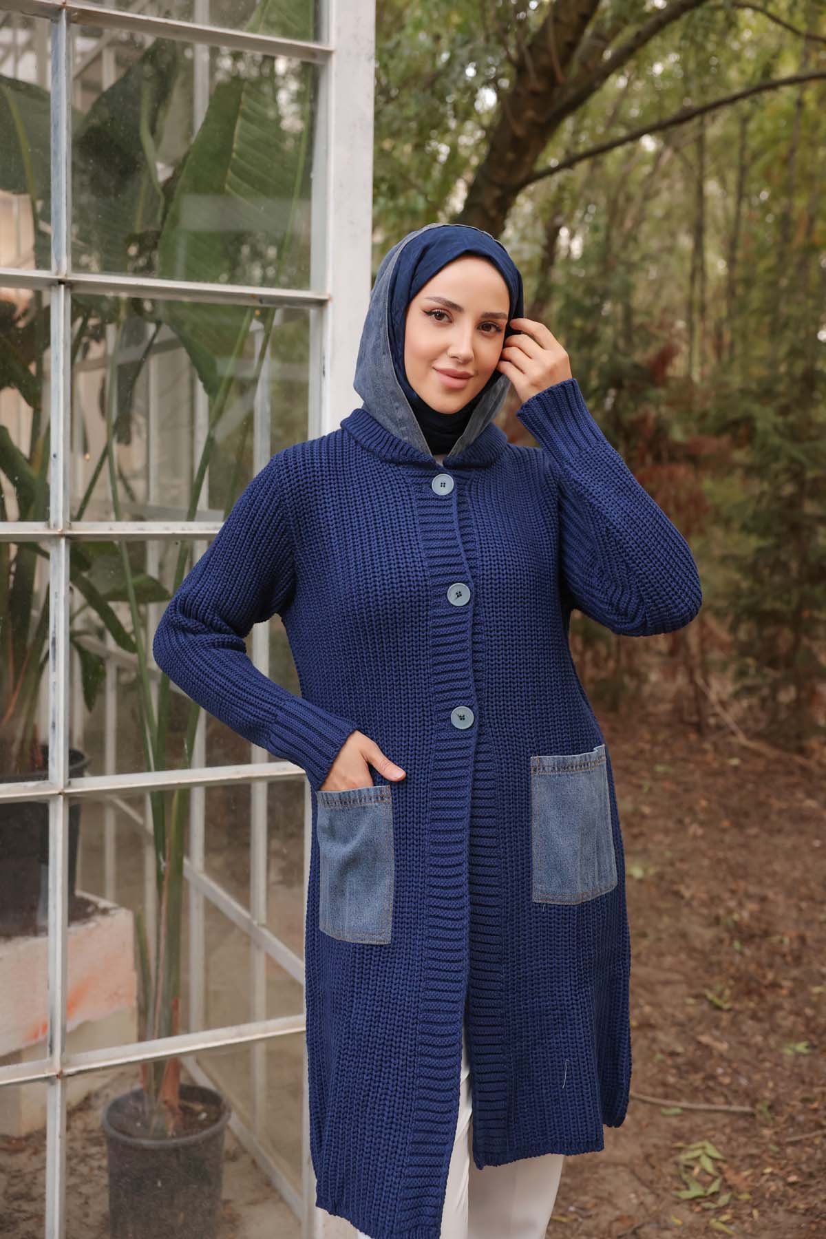 Kot Kapüşonlu Kot Cepli Uzun Hırka