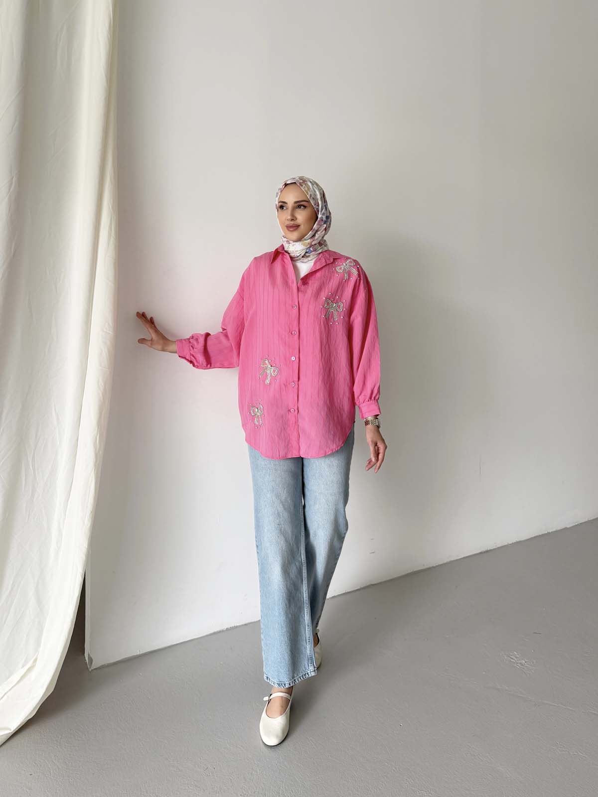 Fiyonk Desenli Taşlı  Seul Gömlek