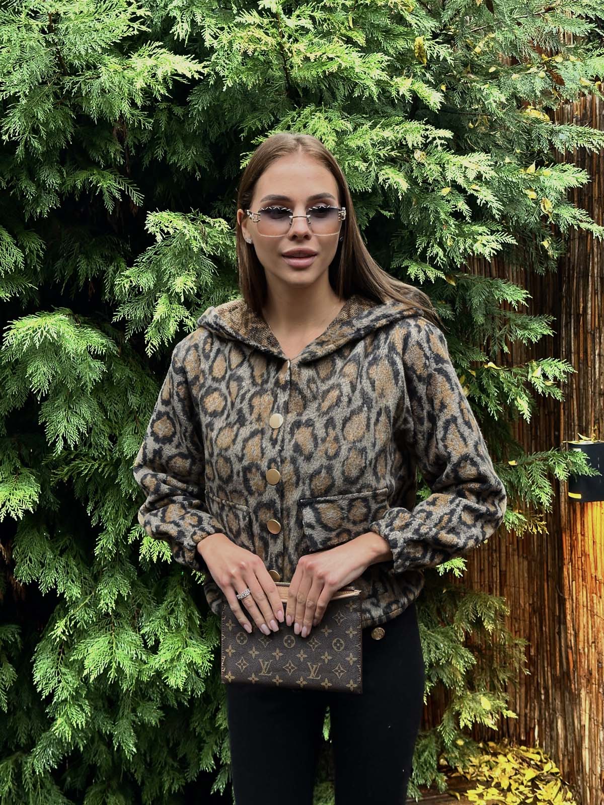 Leopar Desenli  Kapşonlu Çıtçıtlı  Hırka