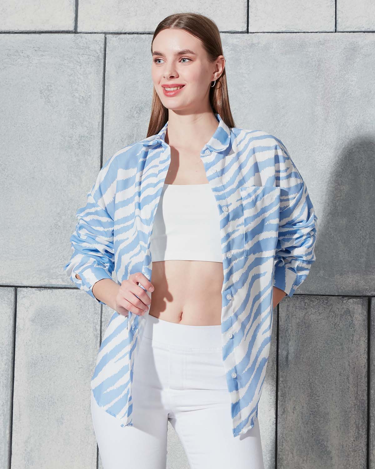 Zebra Desen Kısa Kolu Keten Gömlek