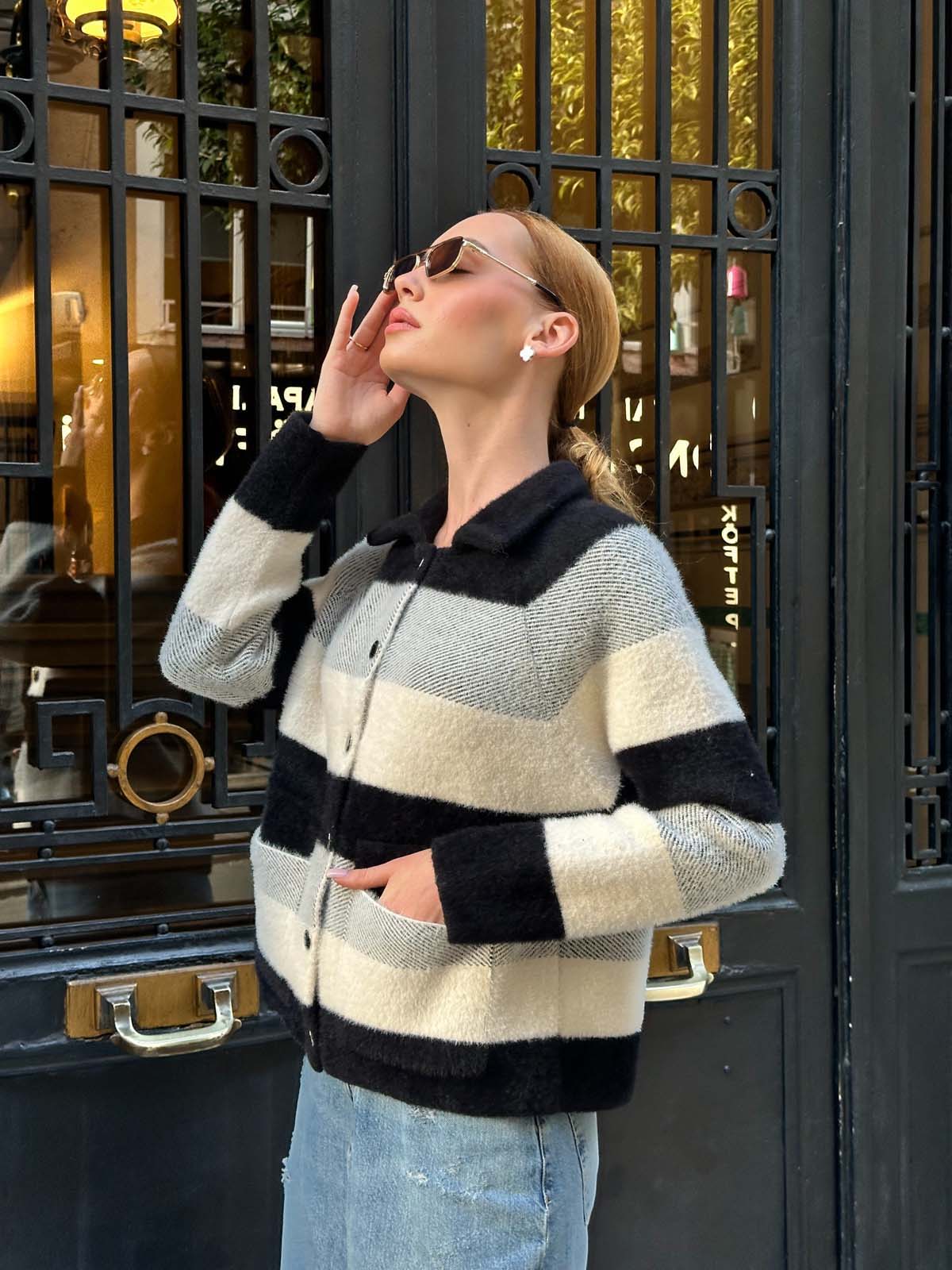 Angora Çizgili Gömlek Yaka Hırka