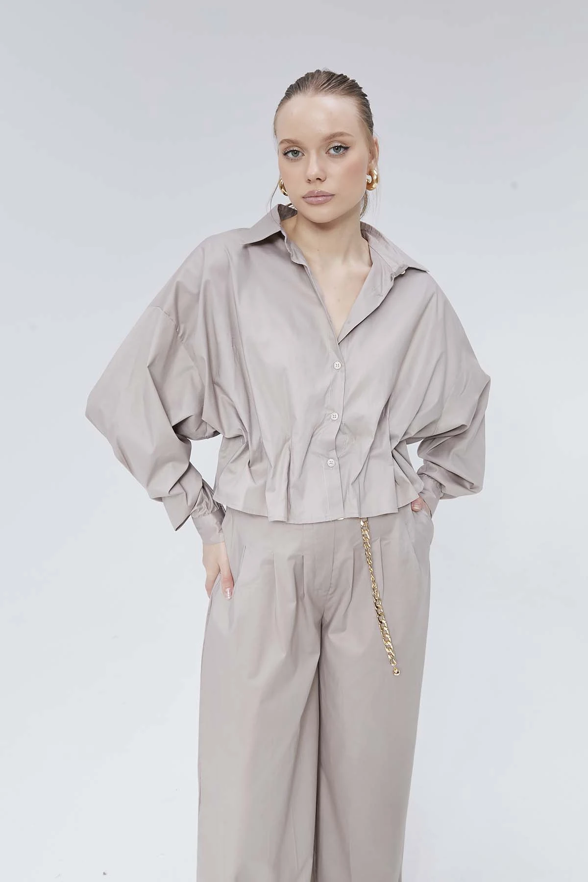 Önü Büzgülü Poplin Gömlek