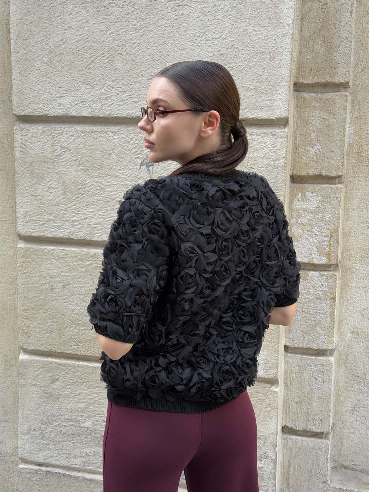 Pamuk Gül Tül Kumaşlı Kısa Kollu Kazak