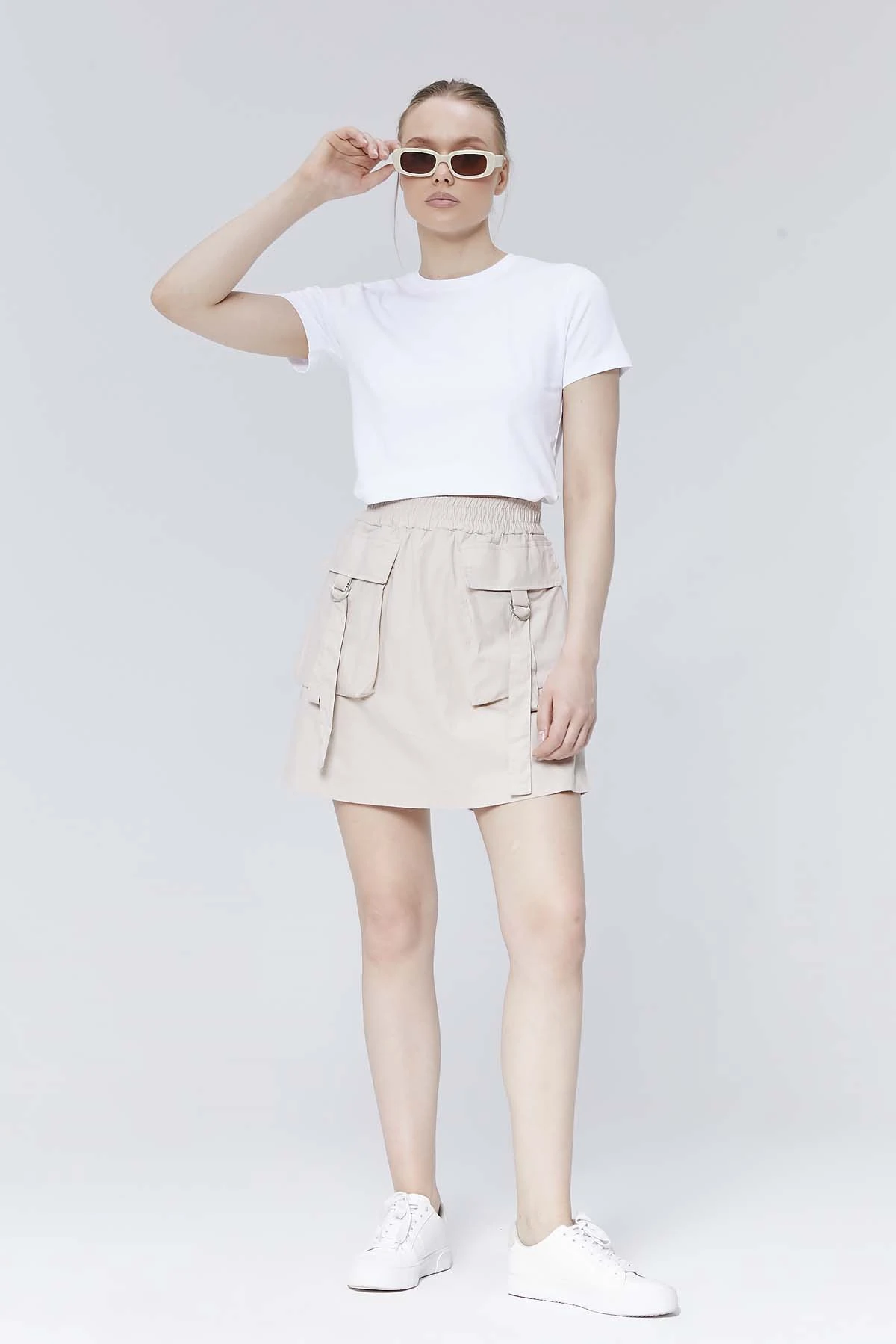 Beli Lastikli Cepli Poplin Kısa Etek