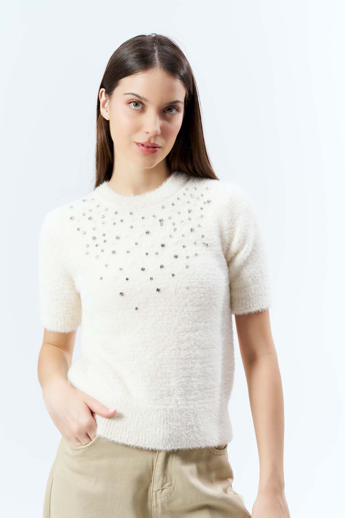 Angora Kısa Kollu Beyoğlu Taşlı Kazak