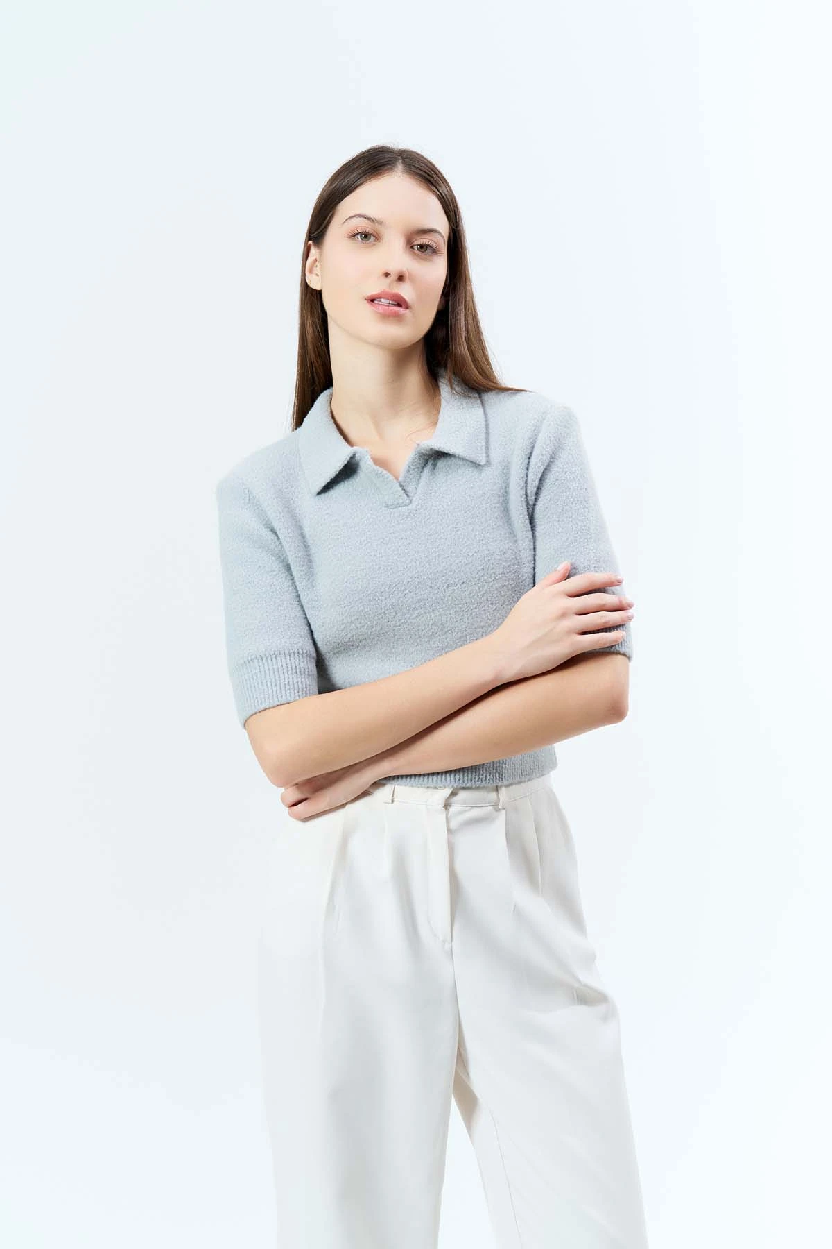 Angora Gömlek Yaka KısaKollu Kazak