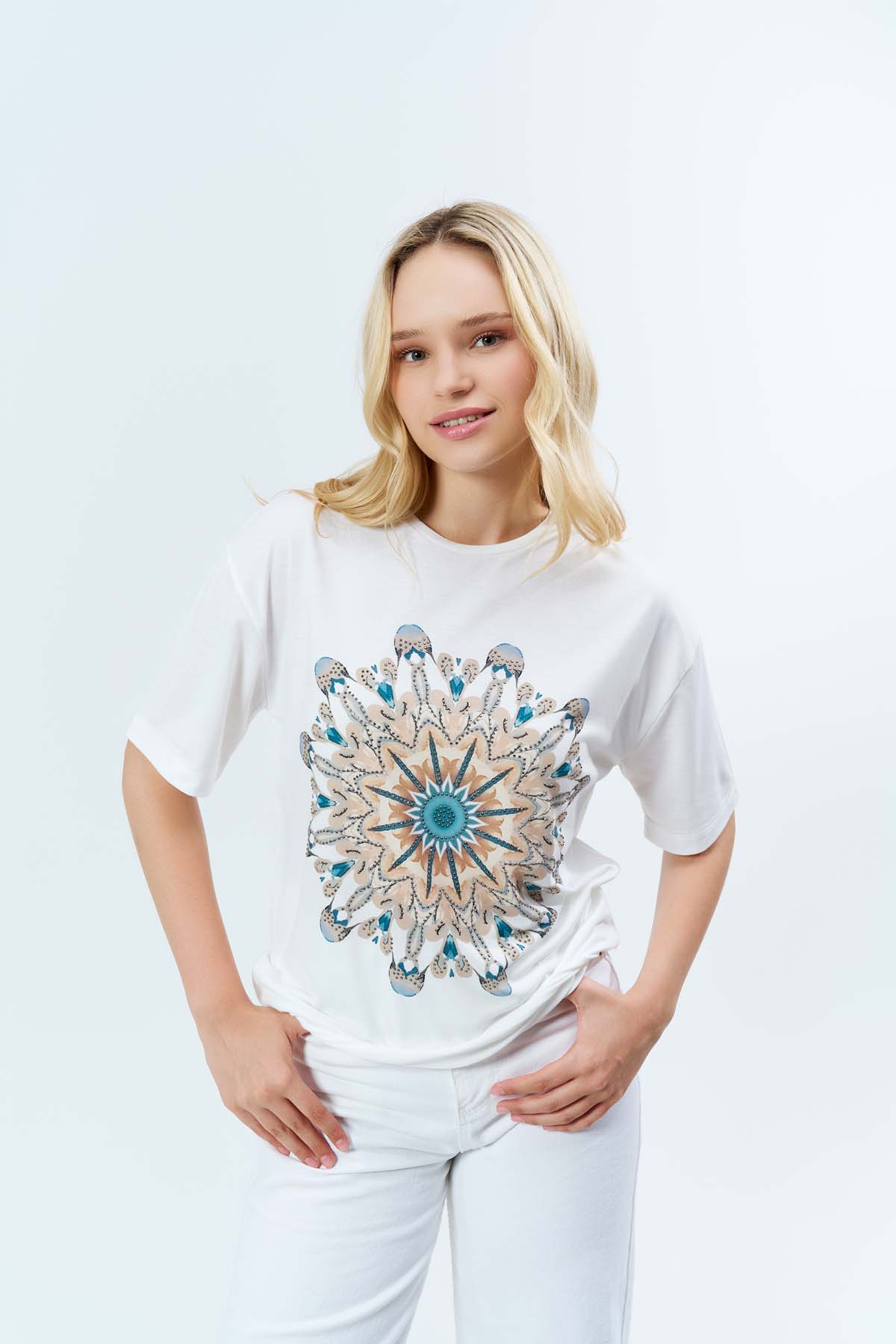 Mandala  Baskılı  Basıc Taşlı Tişört