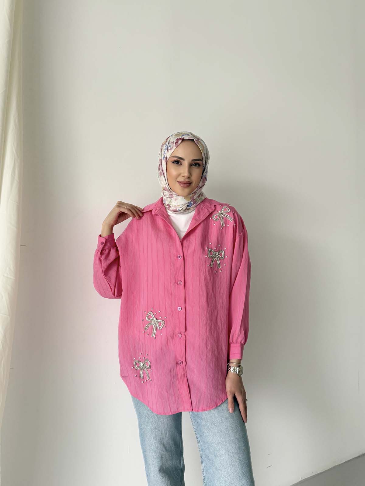 Fiyonk Desenli Taşlı  Seul Gömlek