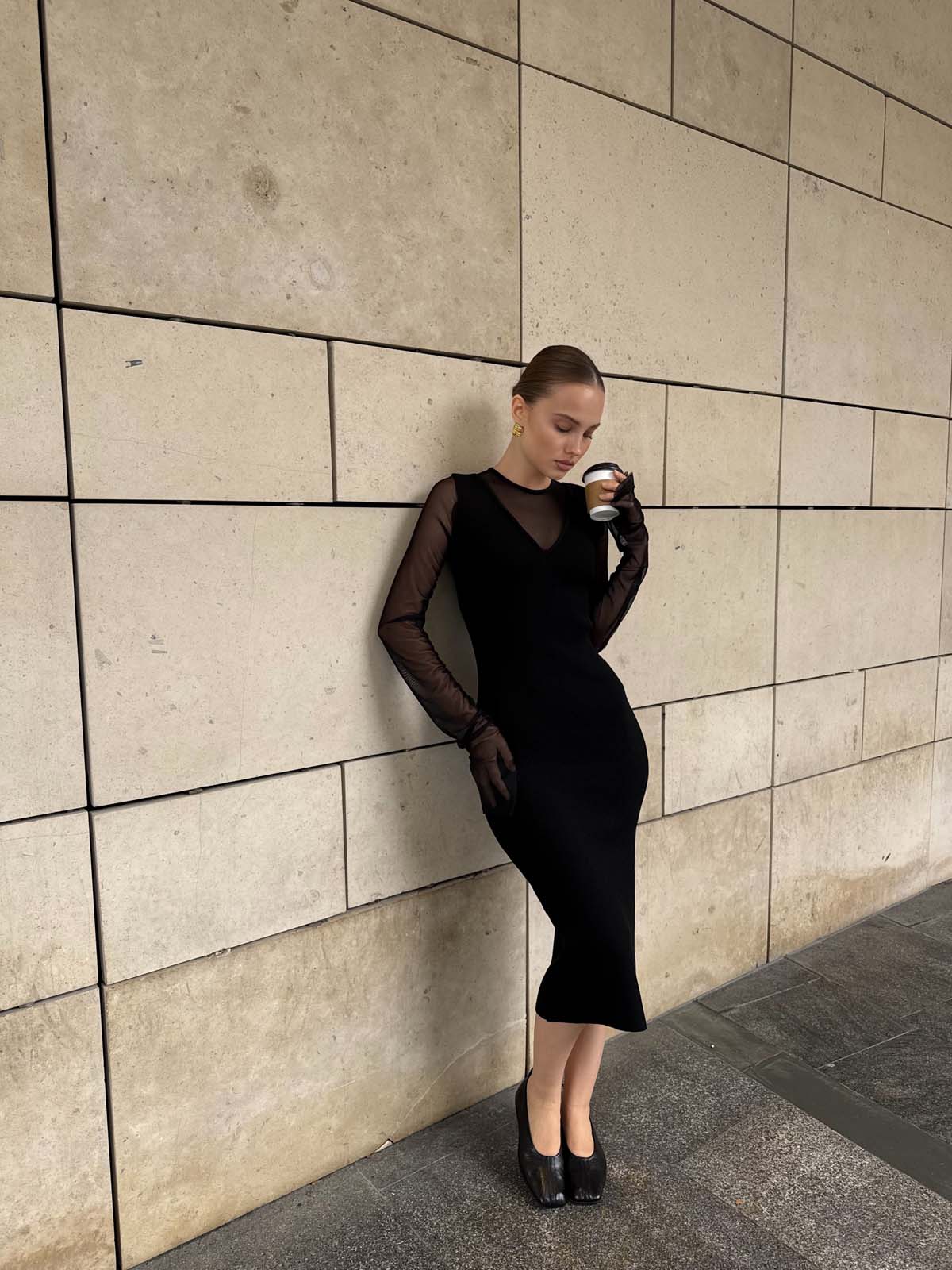 Kolları Tüllü Merserize Elbise