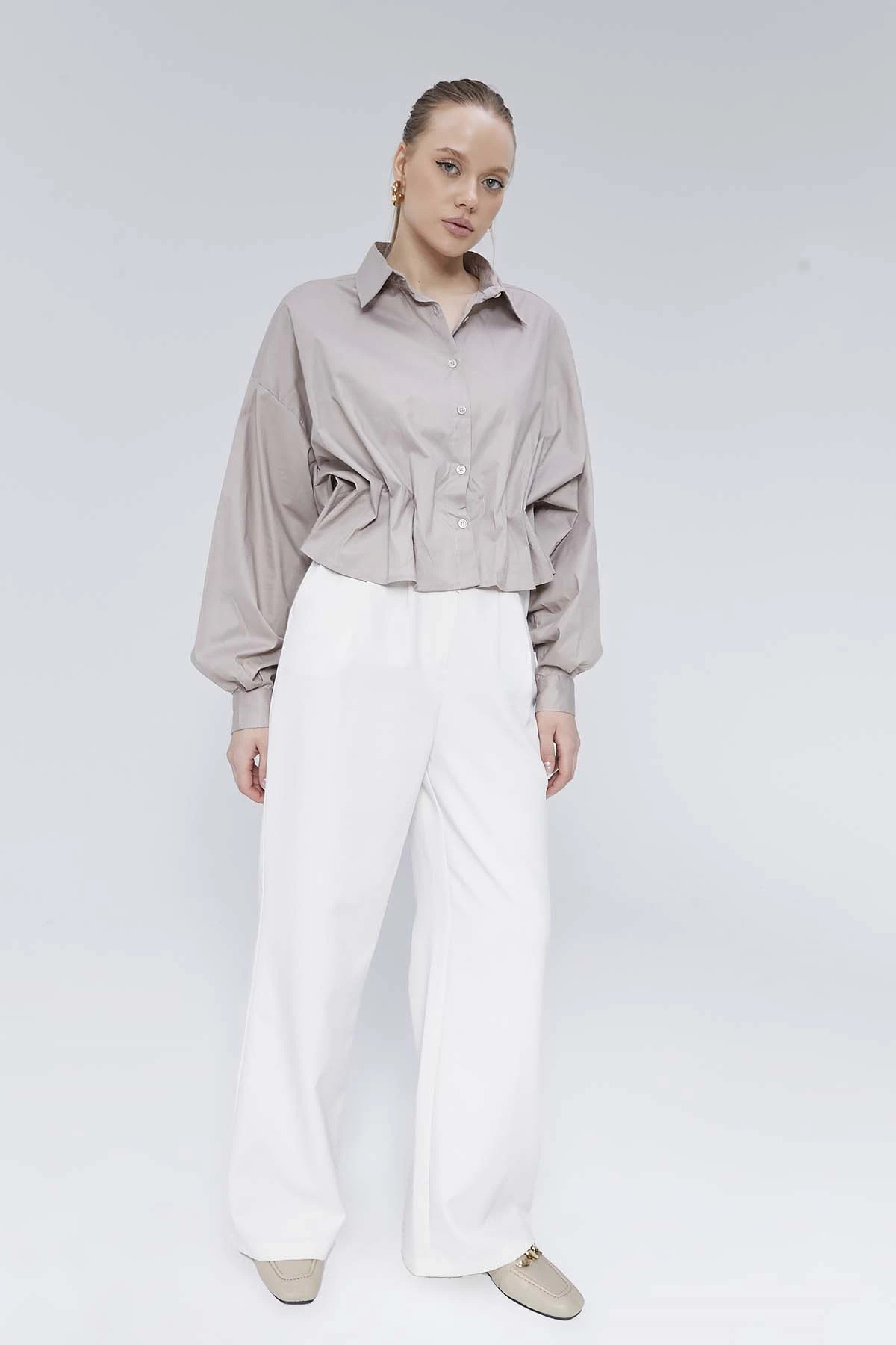 Önü Büzgülü Poplin Gömlek