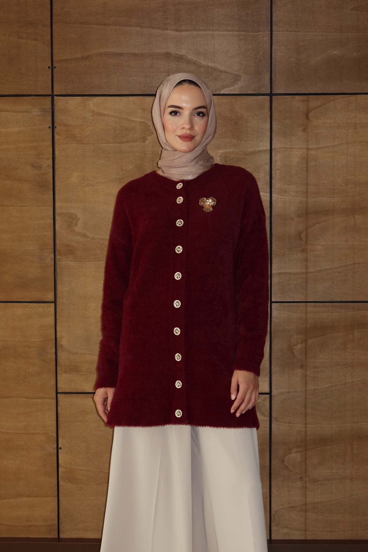 Angora Broşlu Uzun Ceket