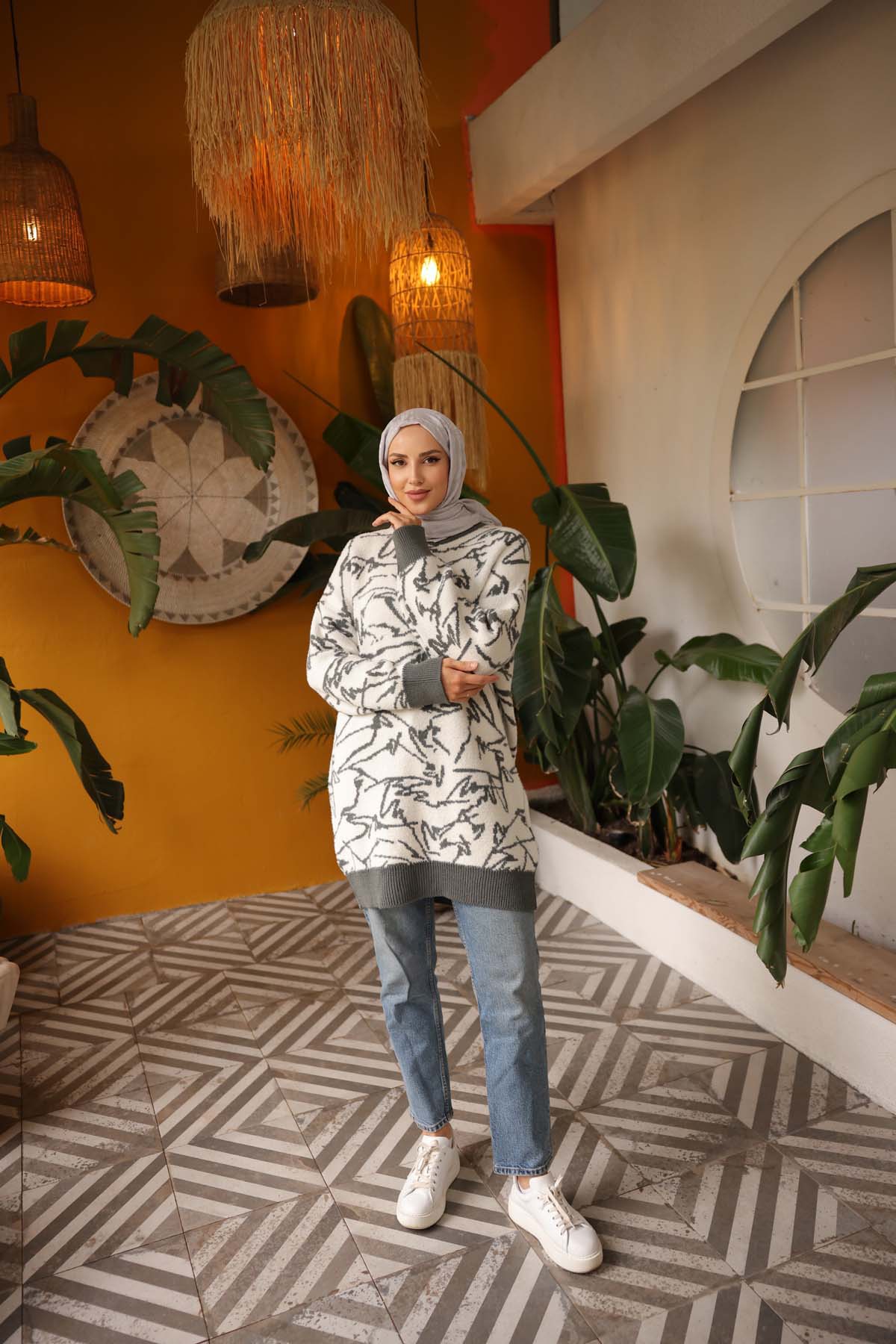 Angora Çizgi Baskı Desenli Tunik