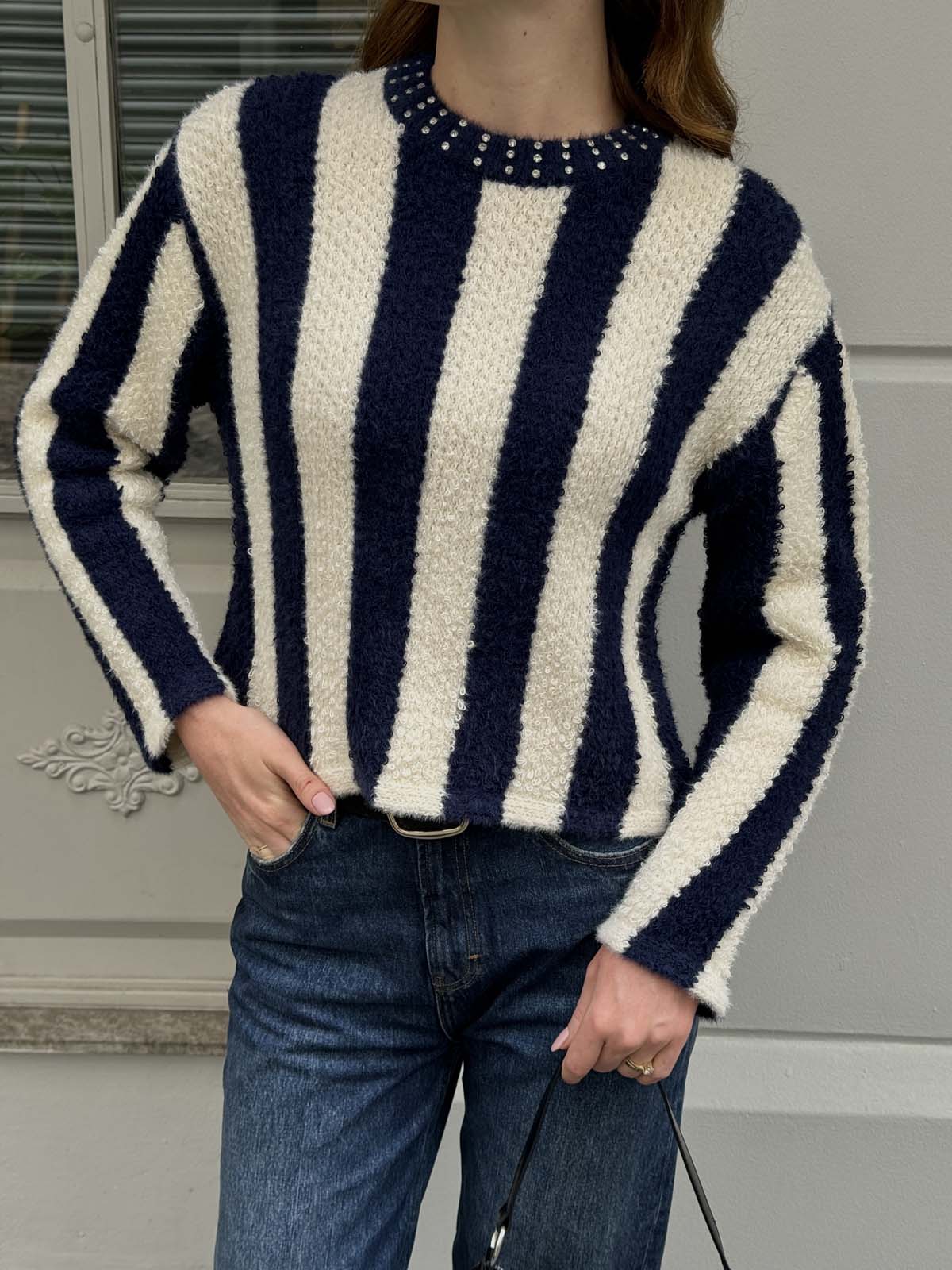 Angora Boyuna Çizgili Crop Kazak