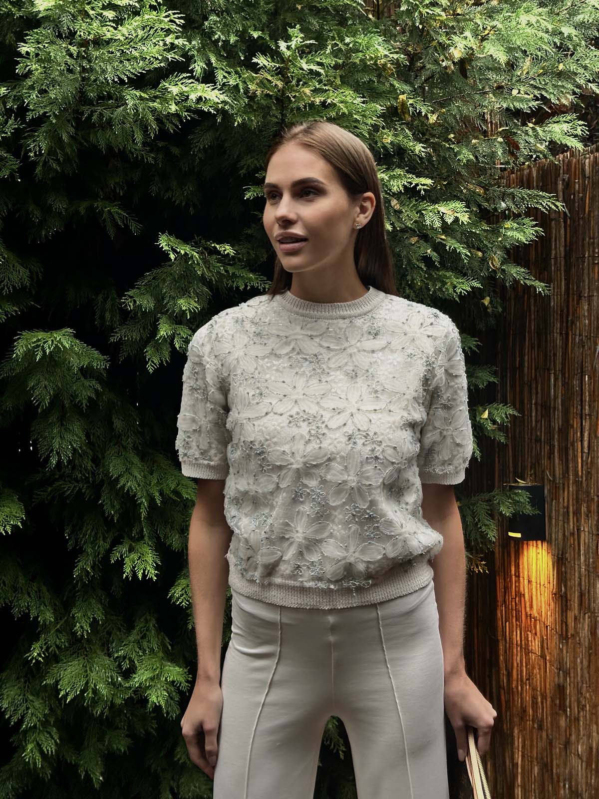 Pamuk Papatyalı Kumaşlı Kısa Kollu Kazak