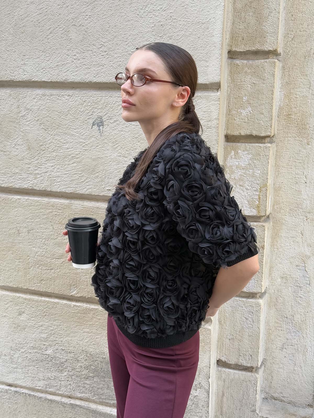 Pamuk Gül Tül Kumaşlı Kısa Kollu Kazak