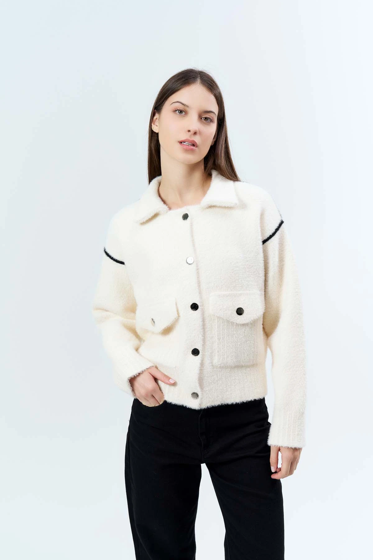 Angora Gömlek Yaka Cepli Hırka