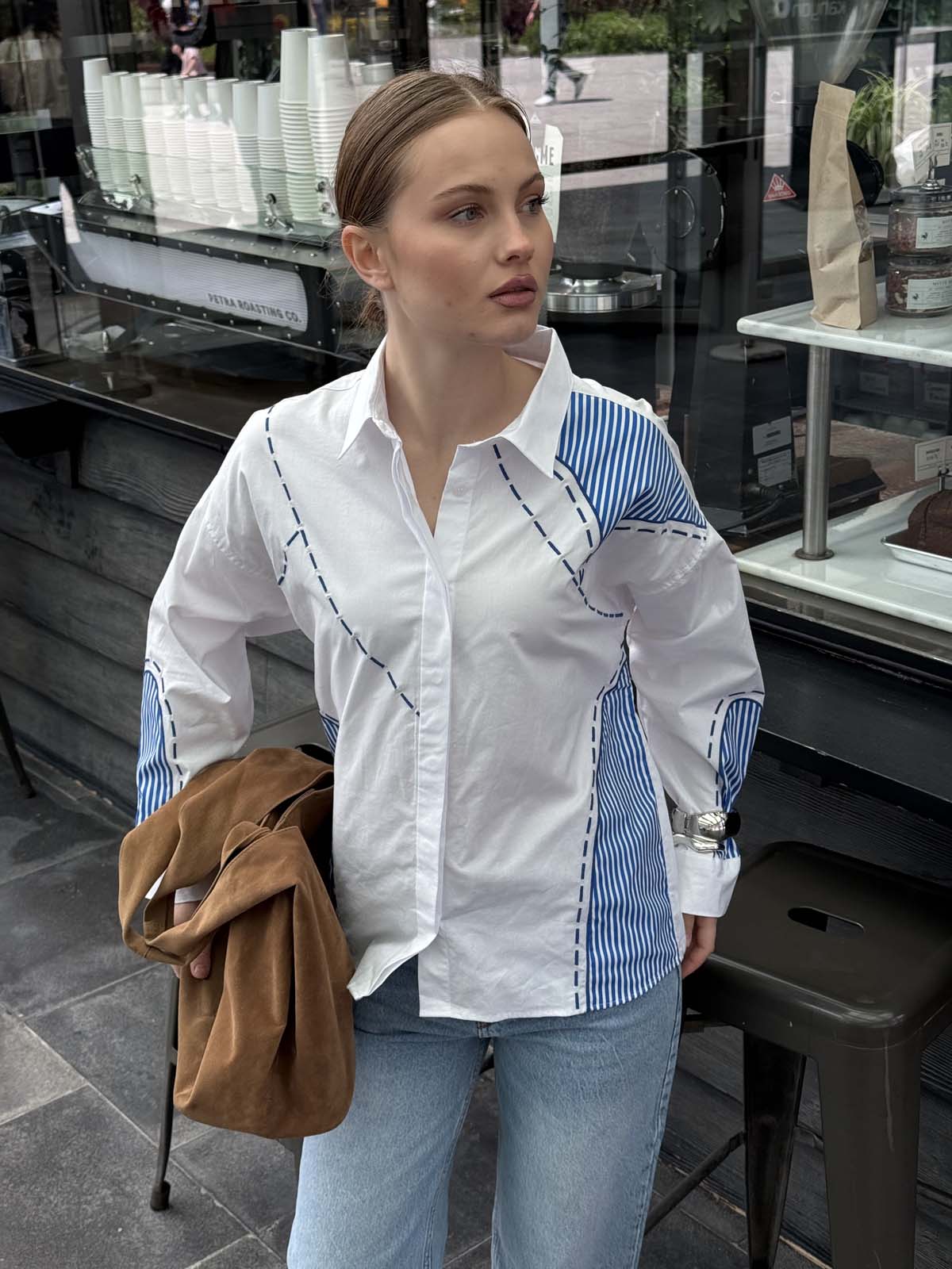 Çizgili Aplikeli Poplin Gömlek