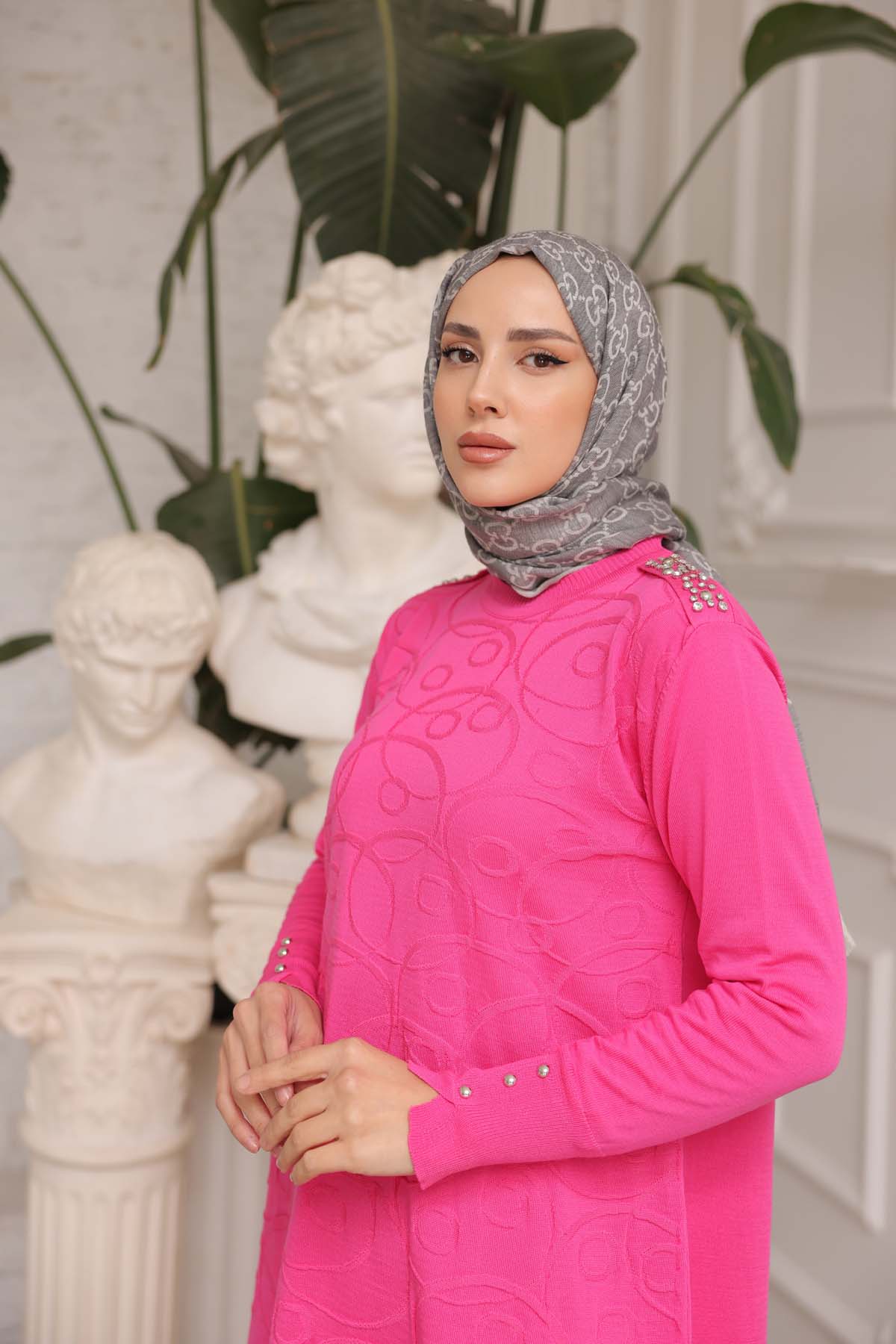 Merserize Omzu Beyoğlu Taşlı Yuvarlak Desenli Tunik