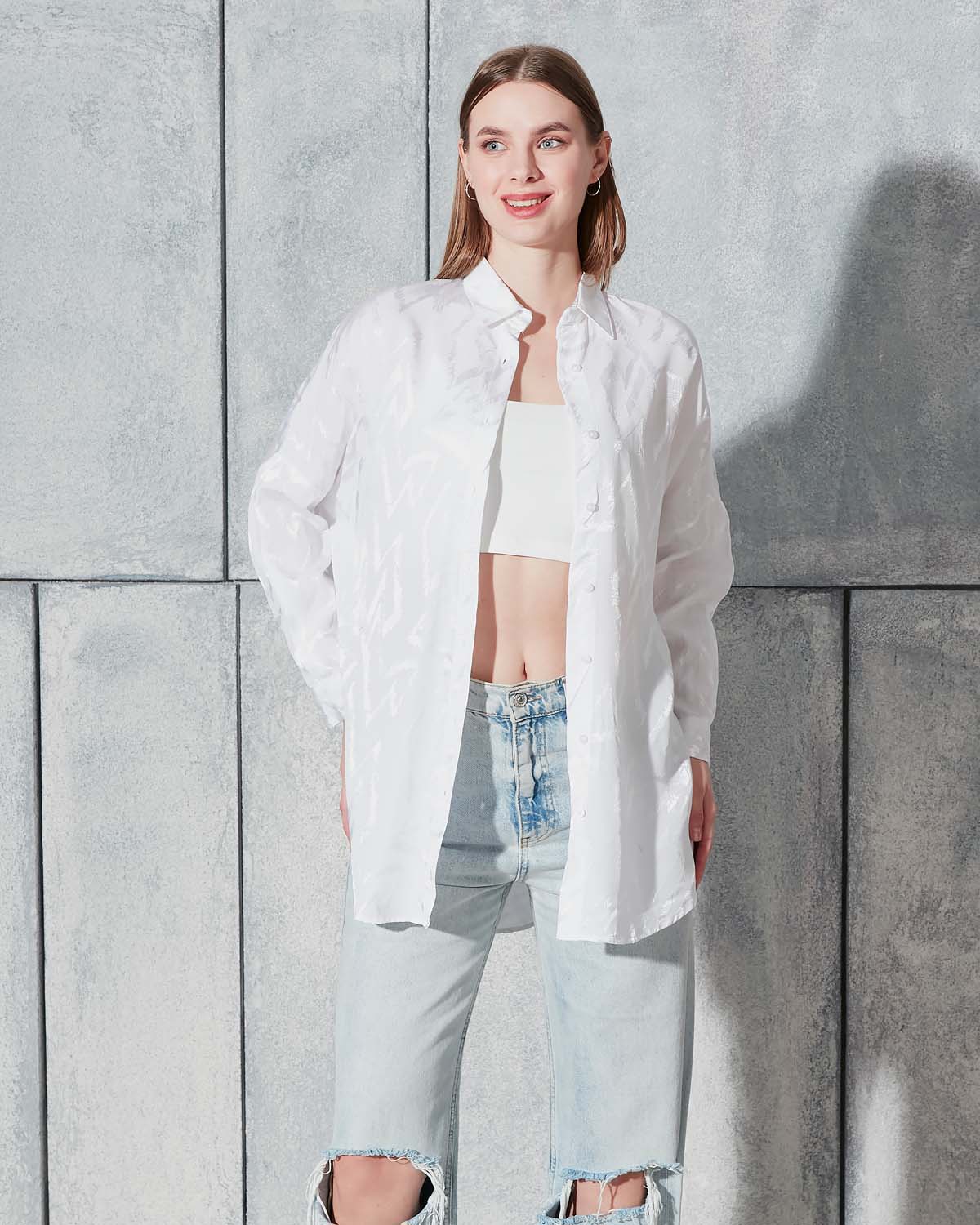 Ekru Jakarlı Saten Gömlek