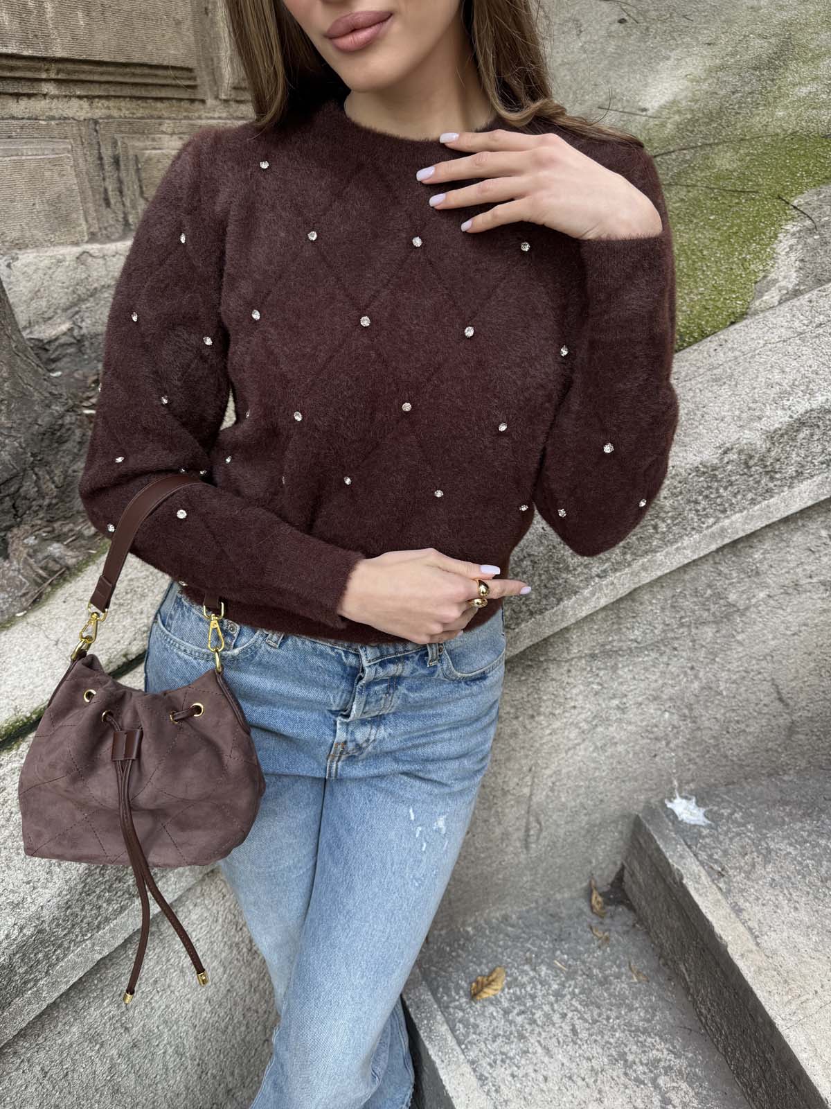 Angora Önü Taşlı  Bisiklet Yaka Kısa  Kazak