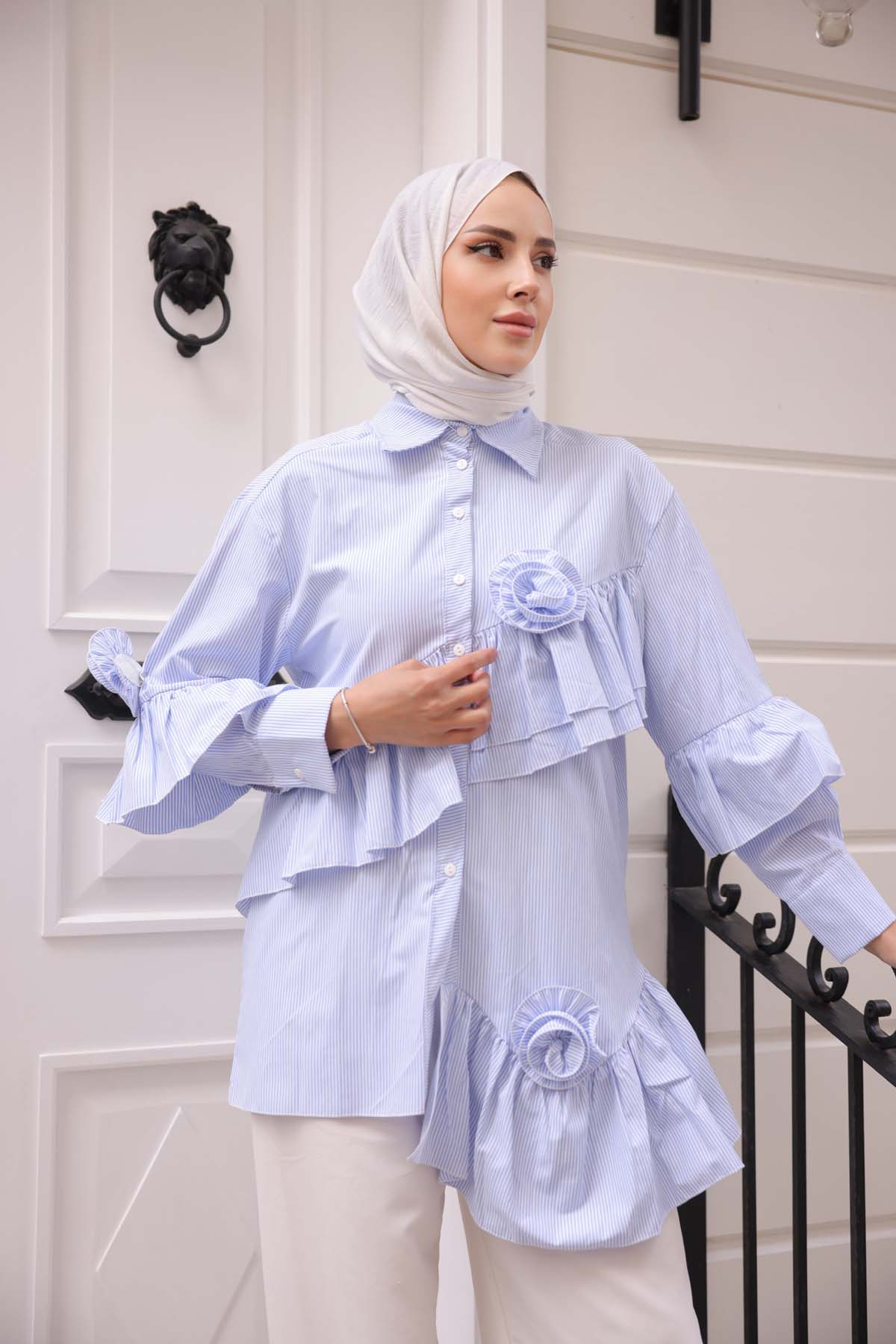 Fırfırlı Çizgili  Gömlek