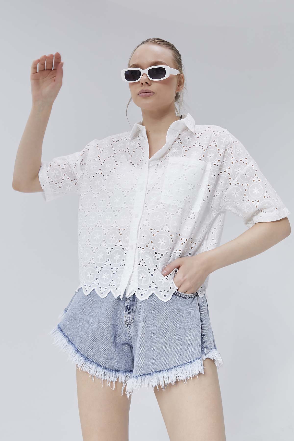 Ajurlu Cepli Crop Gömlek