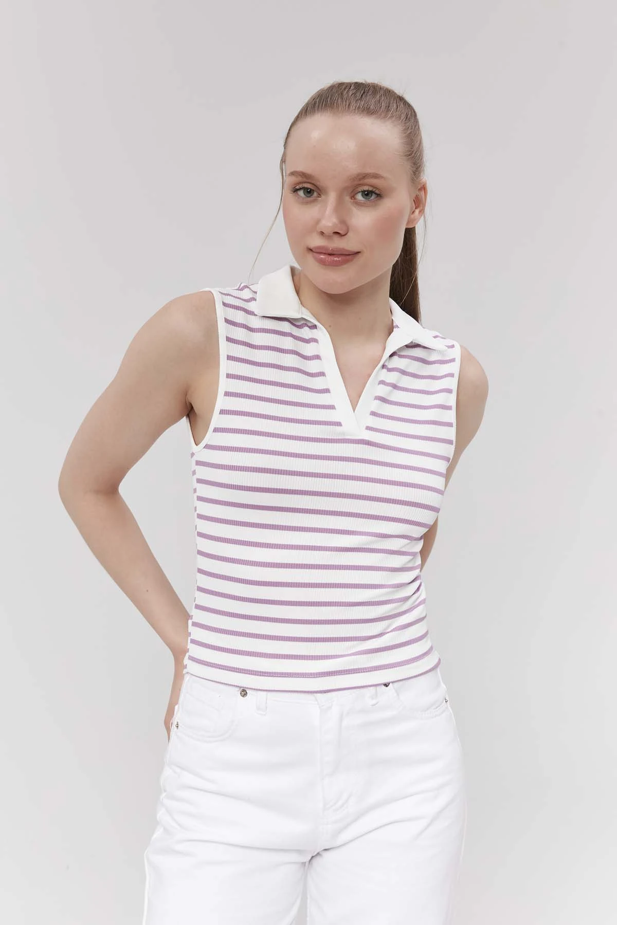 Polo  Yakalı  Çizgili  Bluz