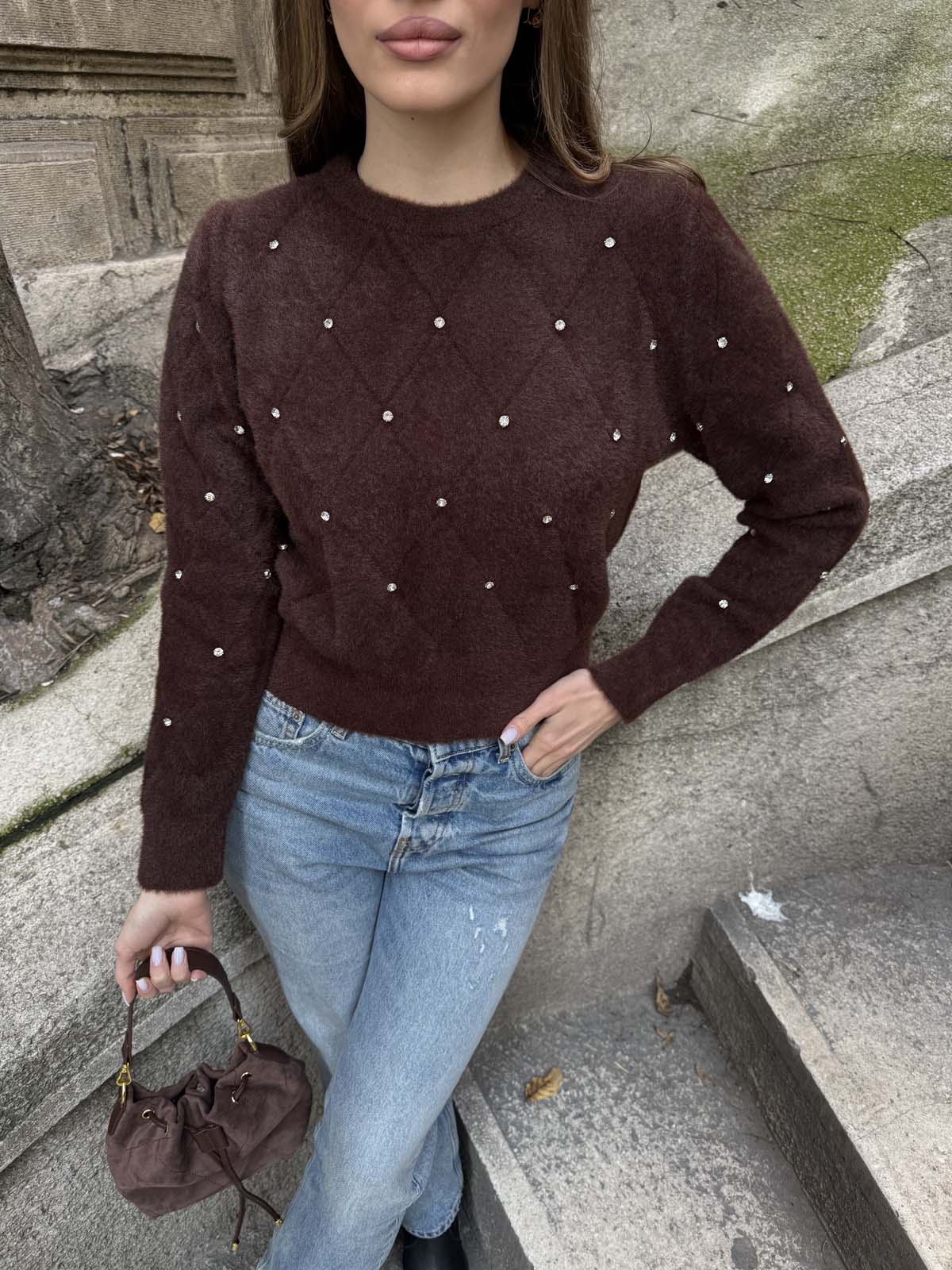 Angora Önü Taşlı  Bisiklet Yaka Kısa  Kazak