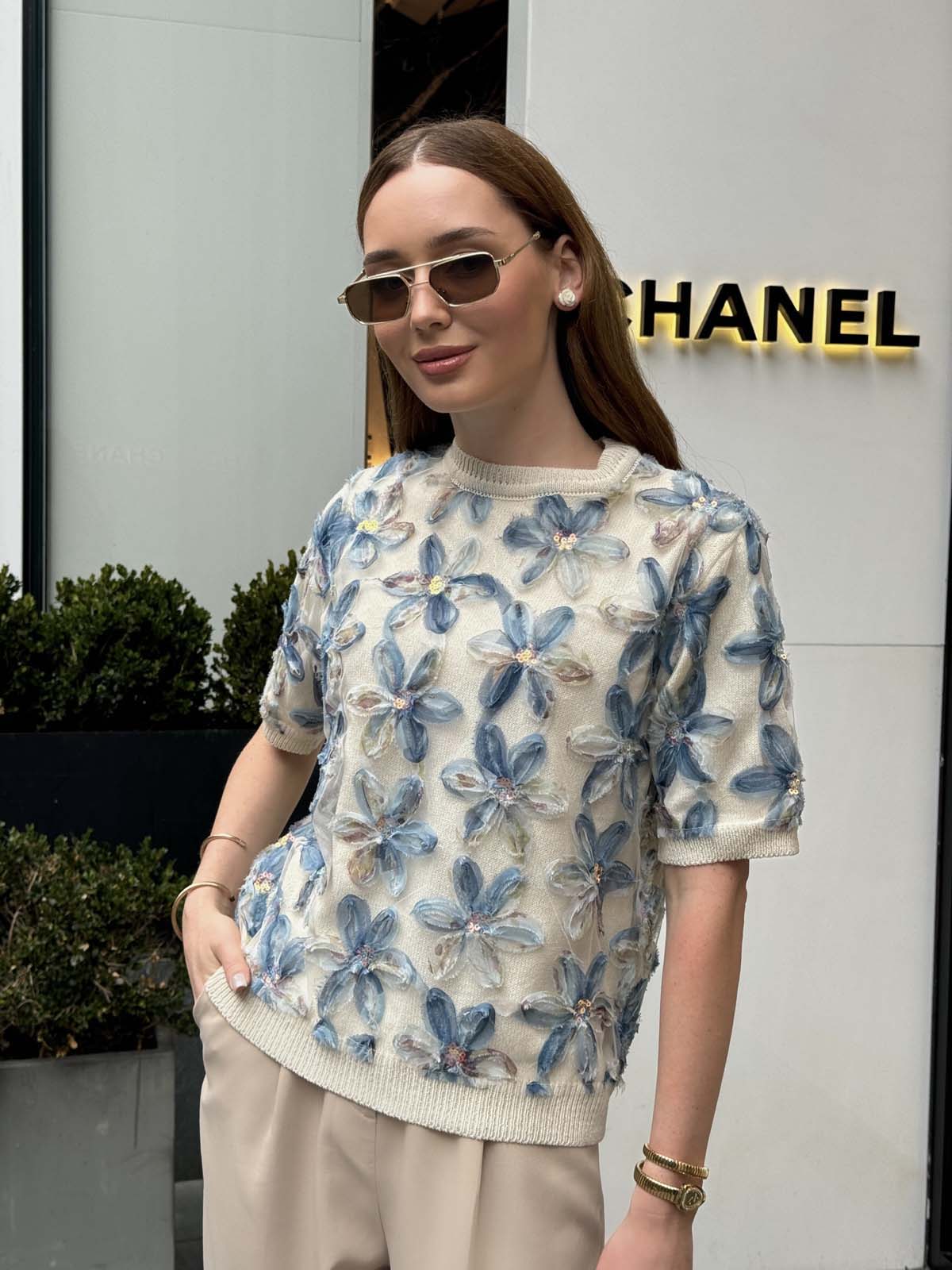 Pamuk Papatyalı Kumaşlı Kısa Kollu Kazak