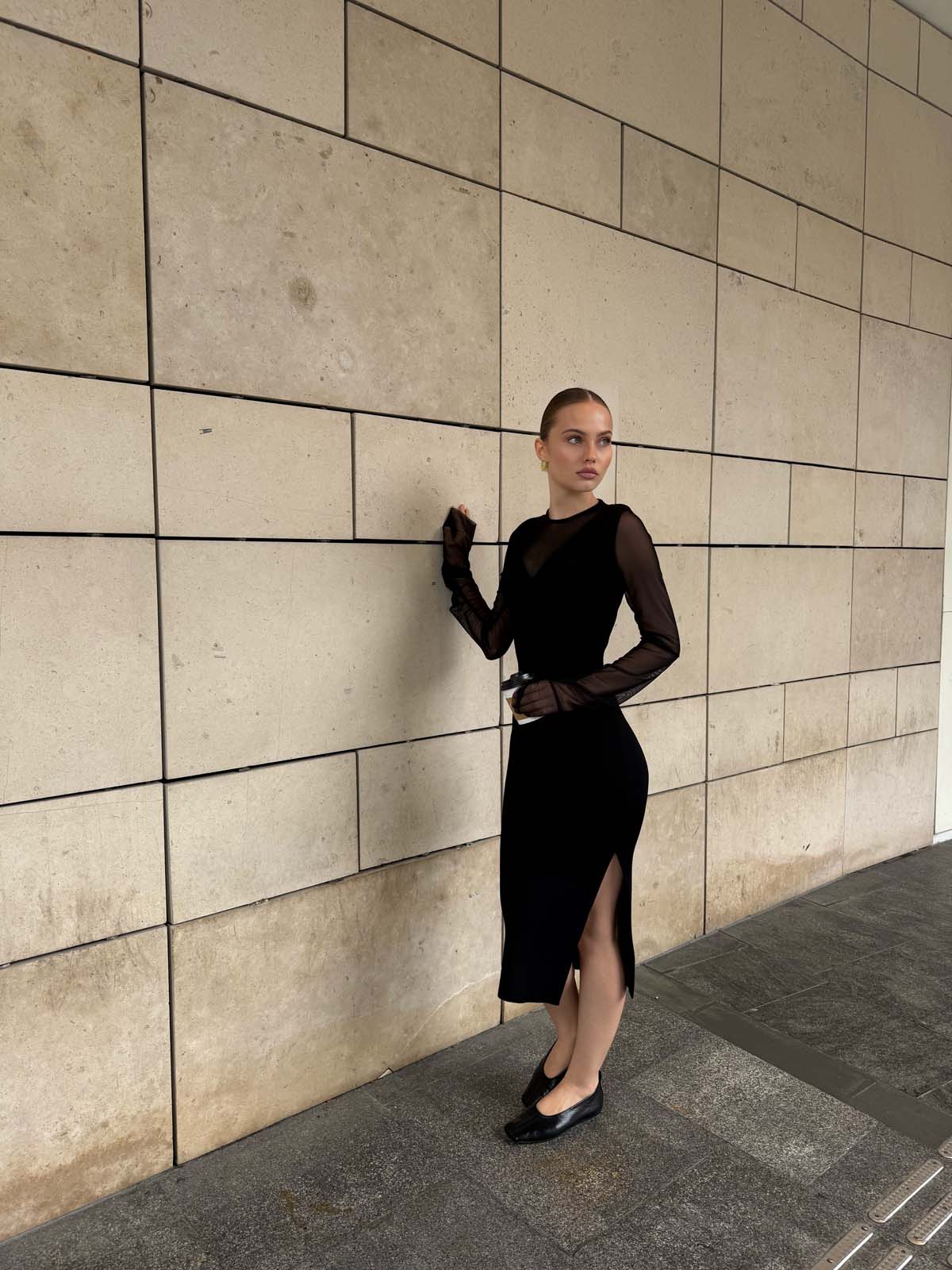 Kolları Tüllü Merserize Elbise