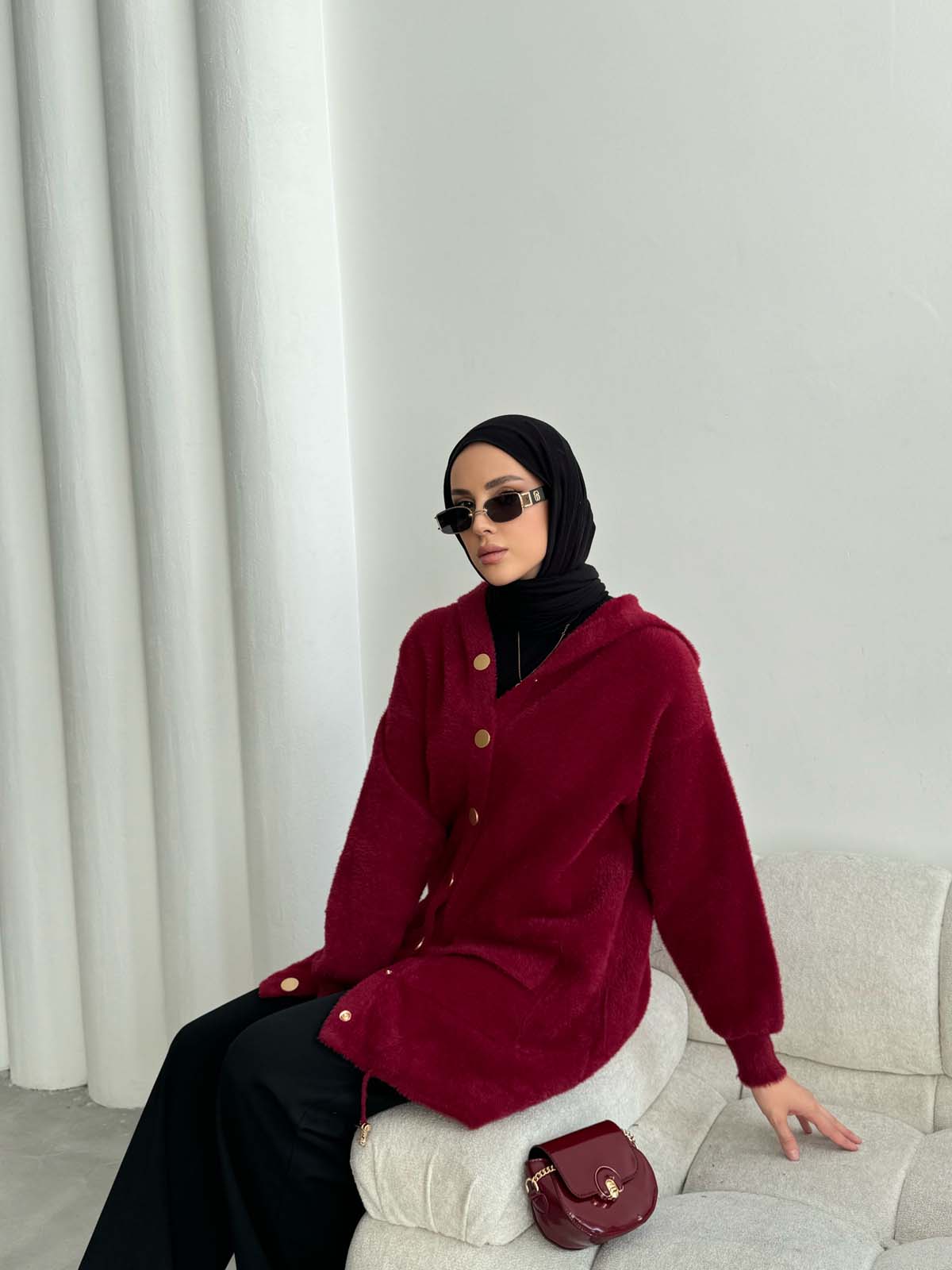 Angora Kapşonlu Uzun Hırka