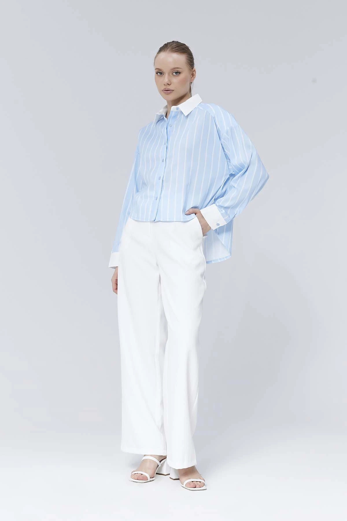 Yakası Düz  Uzun  Kollu  Çizgili  Gömlek