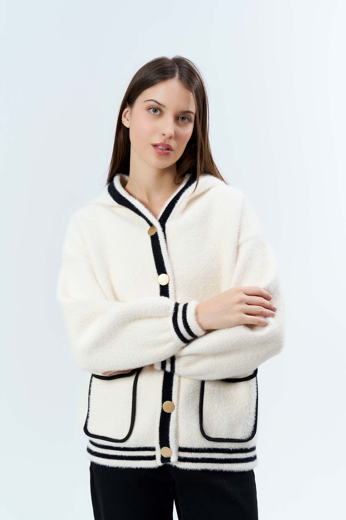 Angora Kapşonlu Cepli Hırka