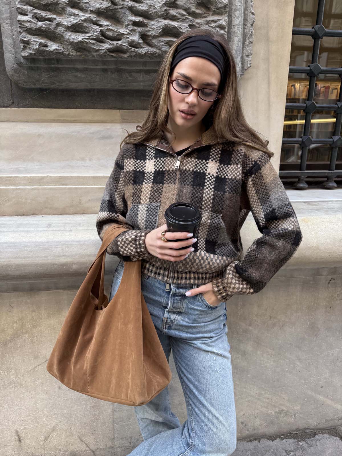 Şardon&Angora Kareli Fermuarlı Hırka