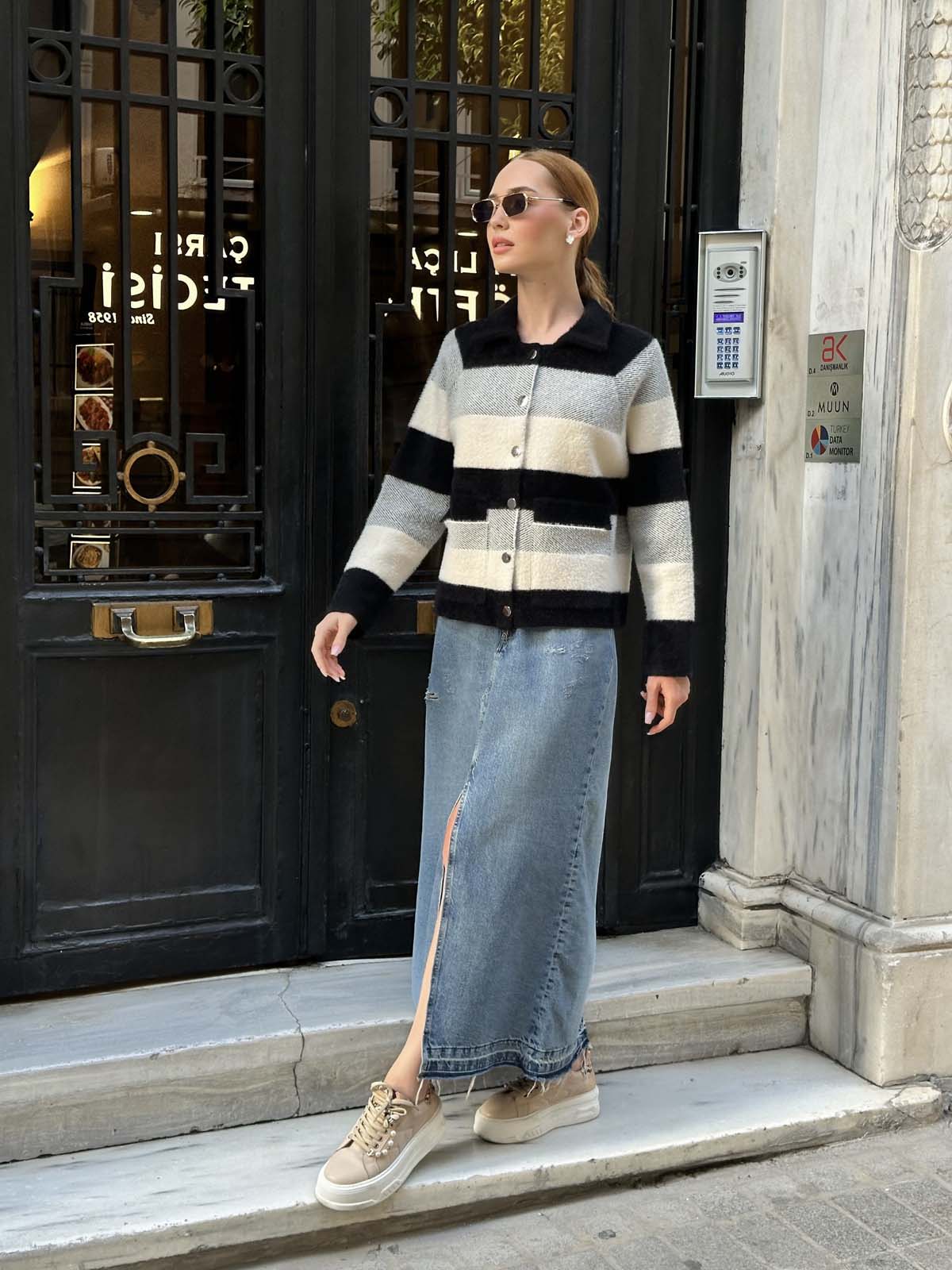 Angora Çizgili Gömlek Yaka Hırka