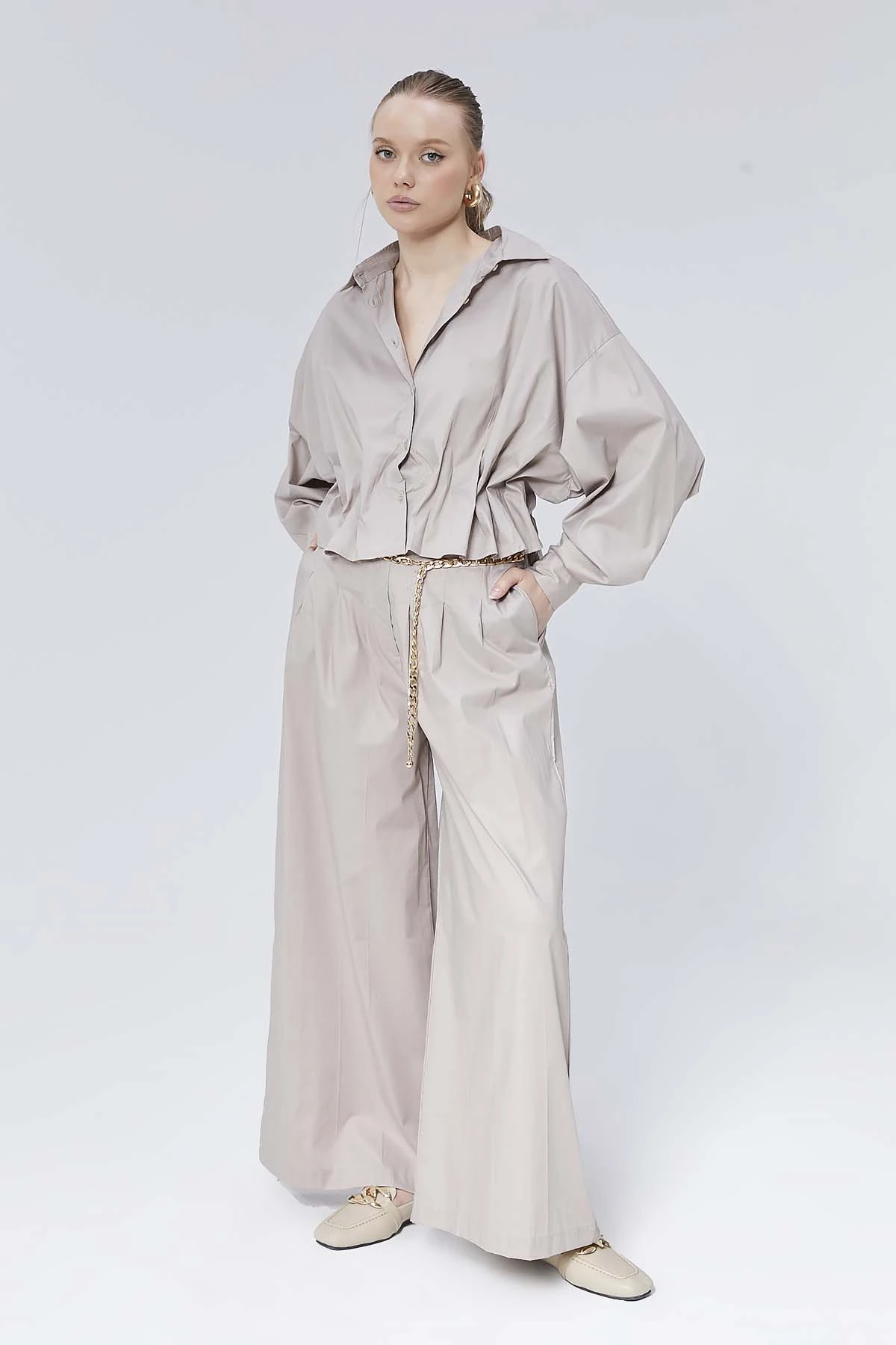 Önü Büzgülü Poplin Gömlek