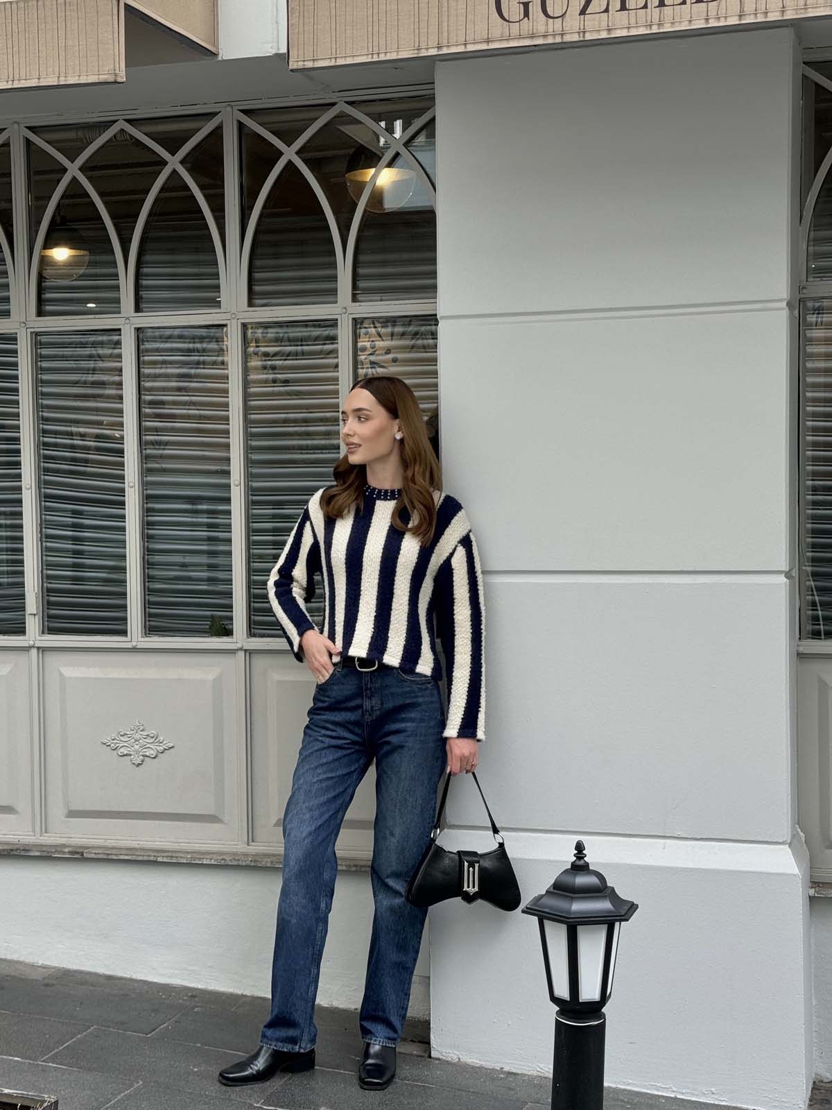 Angora Boyuna Çizgili Crop Kazak