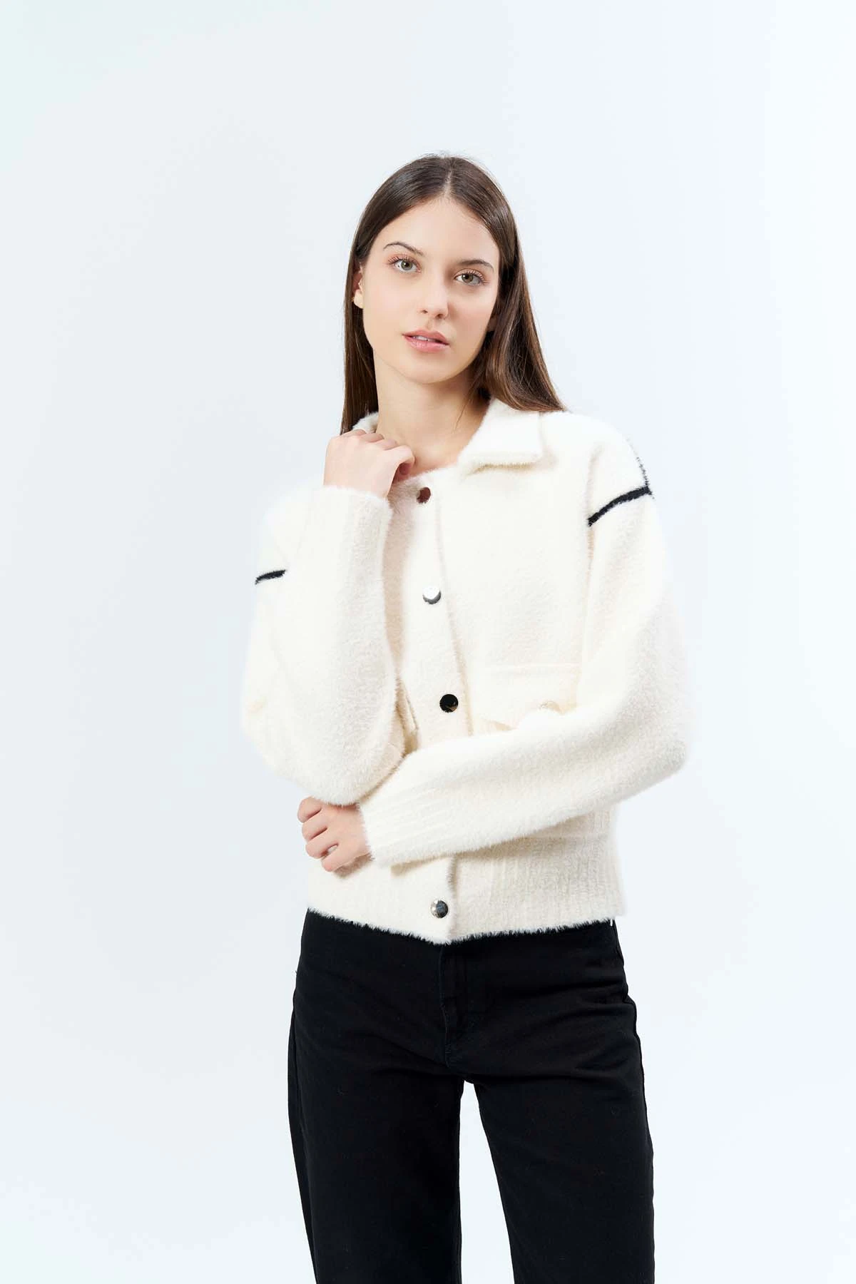 Angora Gömlek Yaka Cepli Hırka