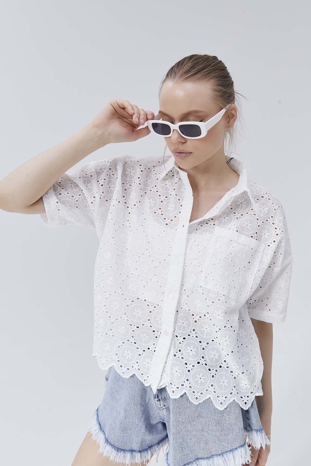 Ajurlu Cepli Crop Gömlek