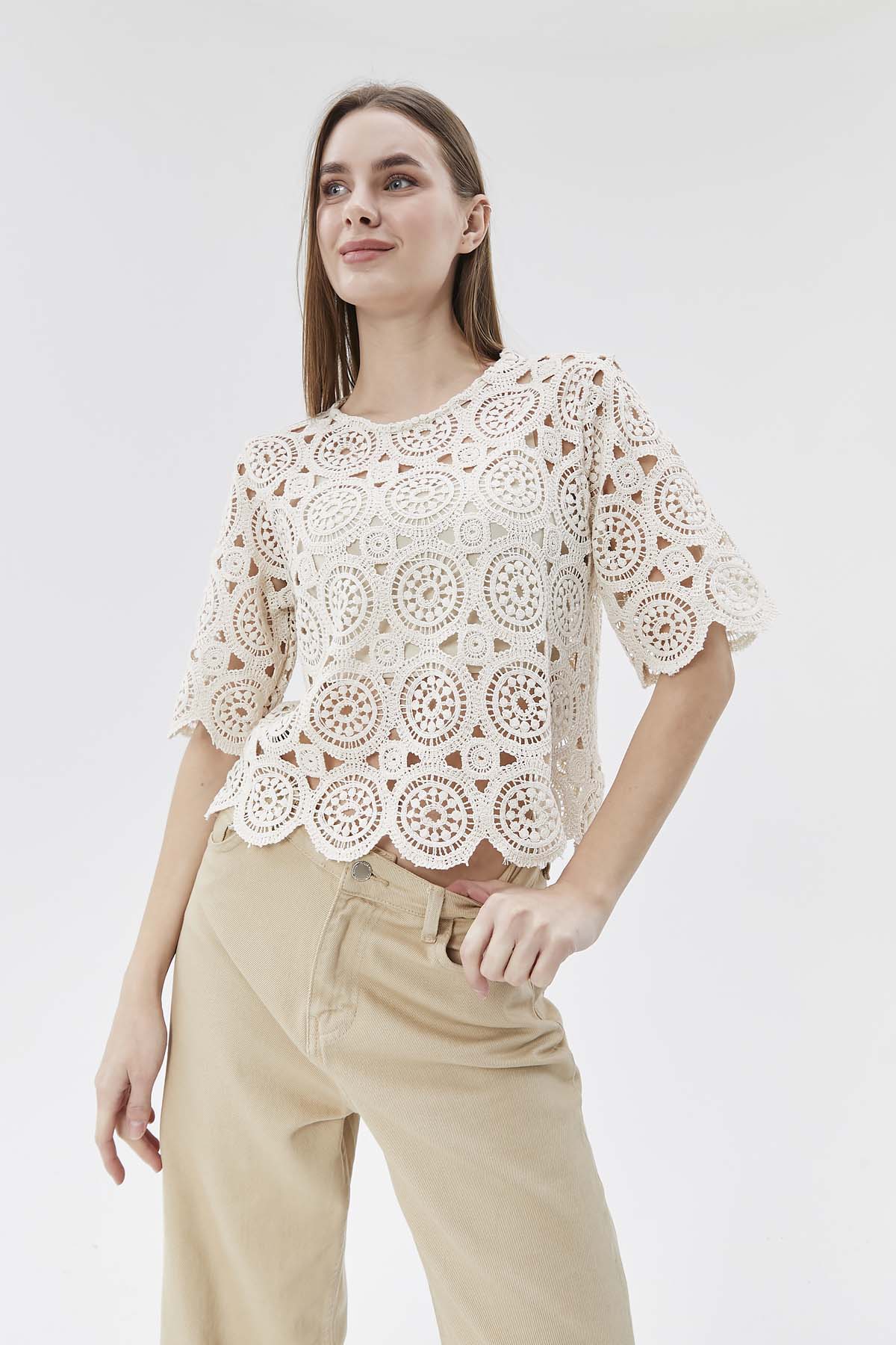 Kısa Kollu Kroket Bluz Crop Atlet