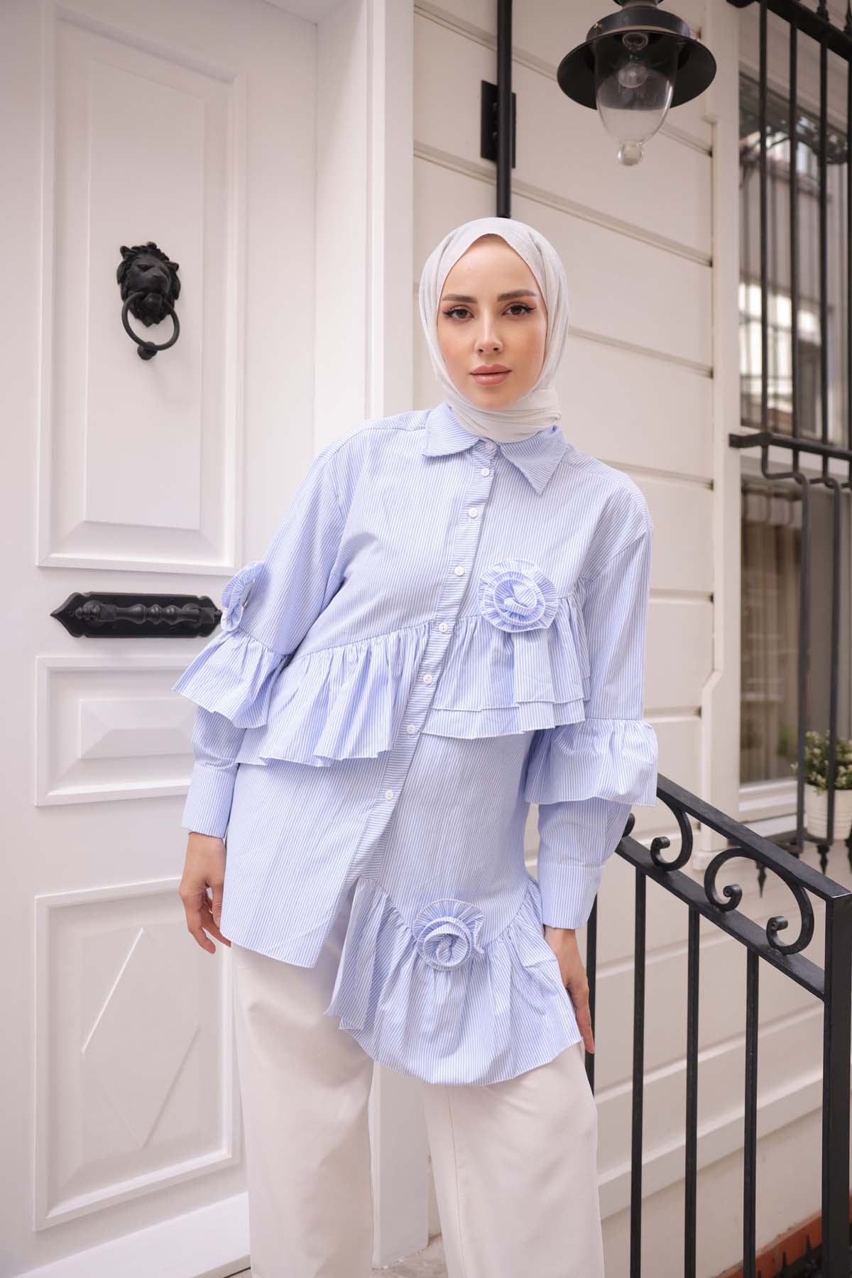 Fırfırlı Çizgili  Gömlek