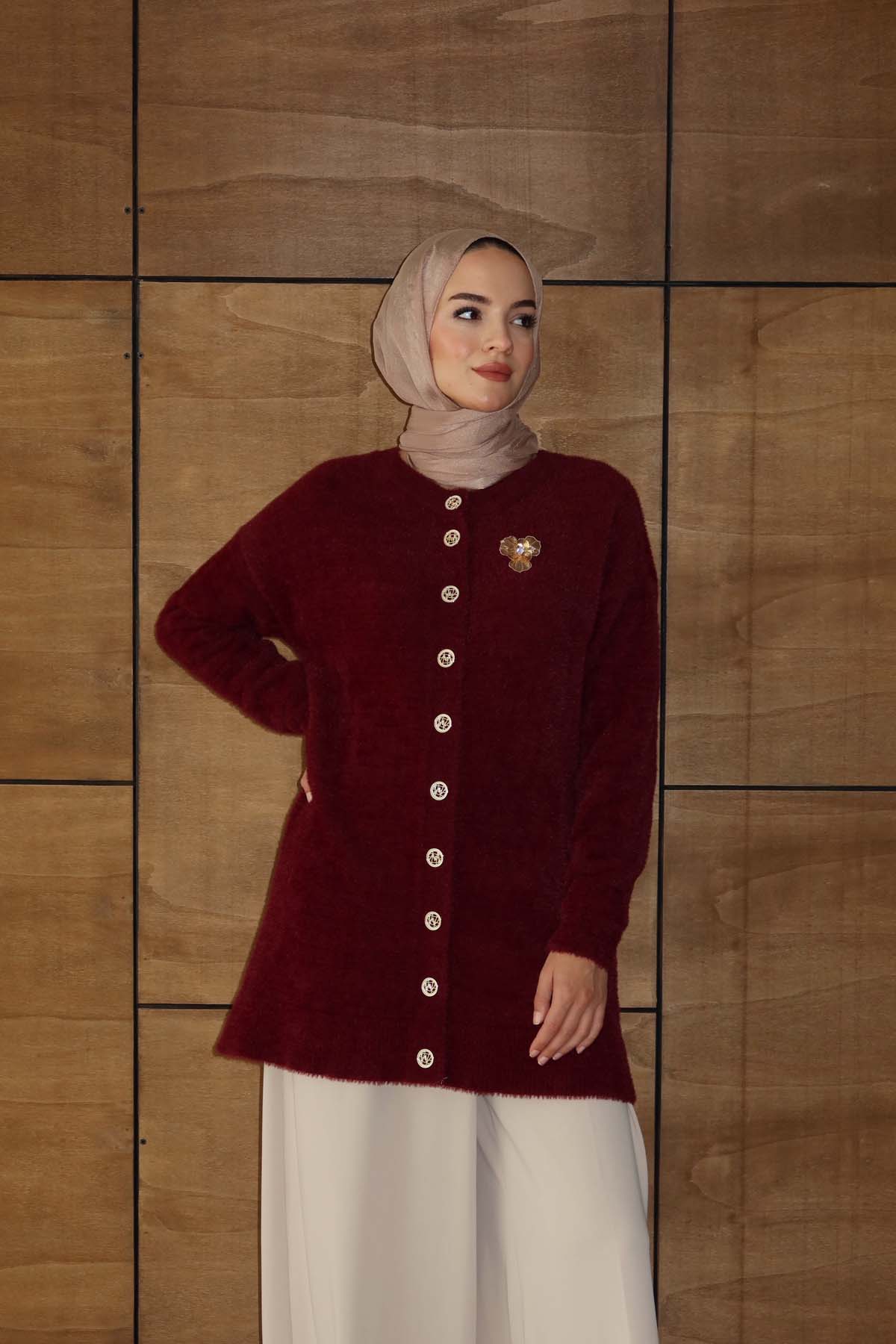 Angora Broşlu Uzun Ceket