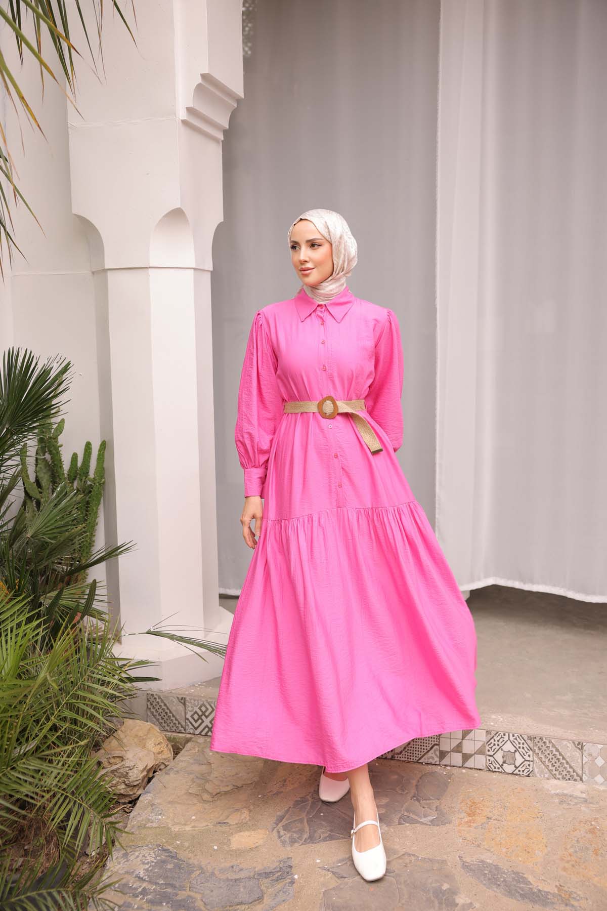 Kemerli  Düğmeli  Elbise