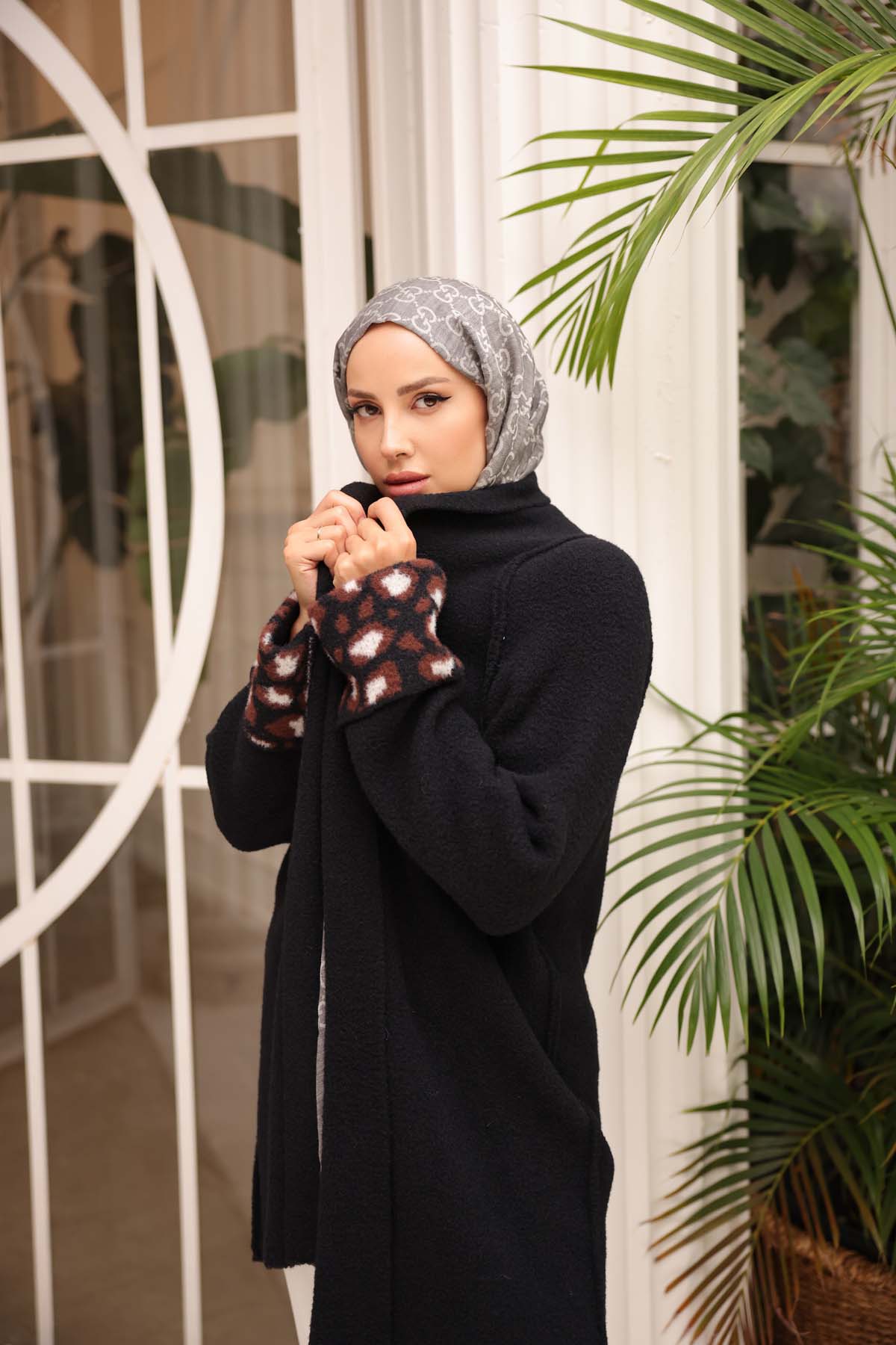 Angora Kol Manşeti Leopar Desenli Hırka